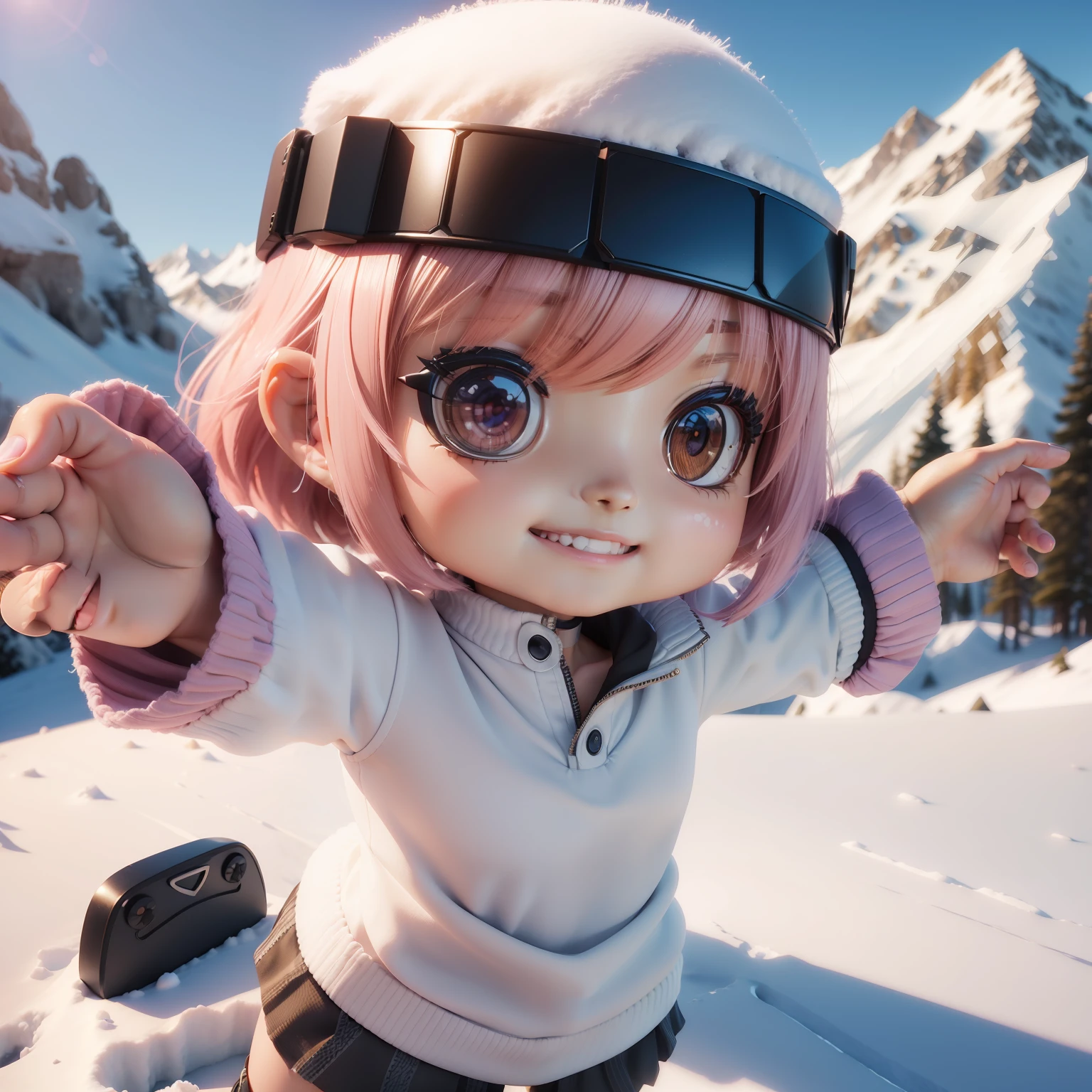 (((chibi3d))),cutand beautiful chibi anime, Demi bra, Control slip, French sleeve blouse, steep snowy mountains, skiing,happy smile.