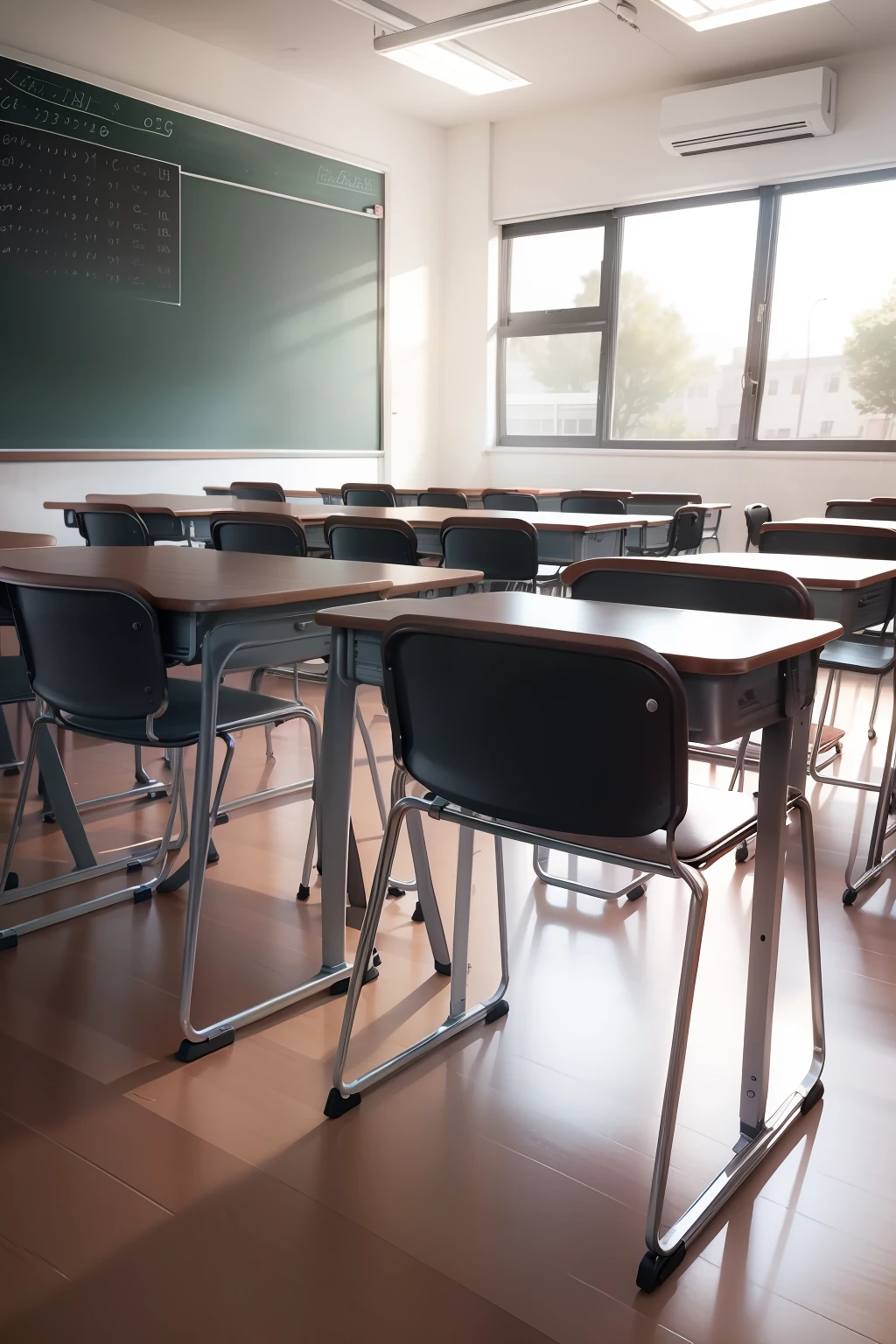 School Classroom Blackboard Desk Desk Chairs Chairs on the same side