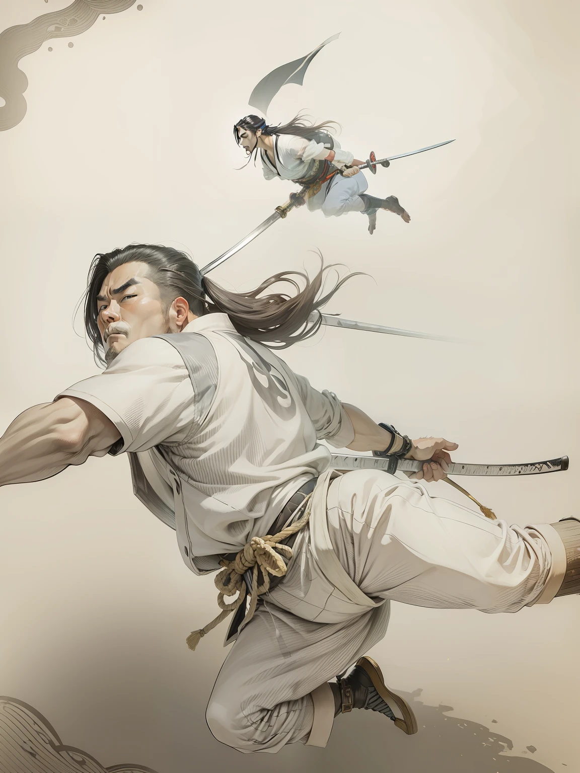 beatiful man,katana,jump treaning,ukiyoe style,tukioka yoshitosi, Highest quality, masterpiece