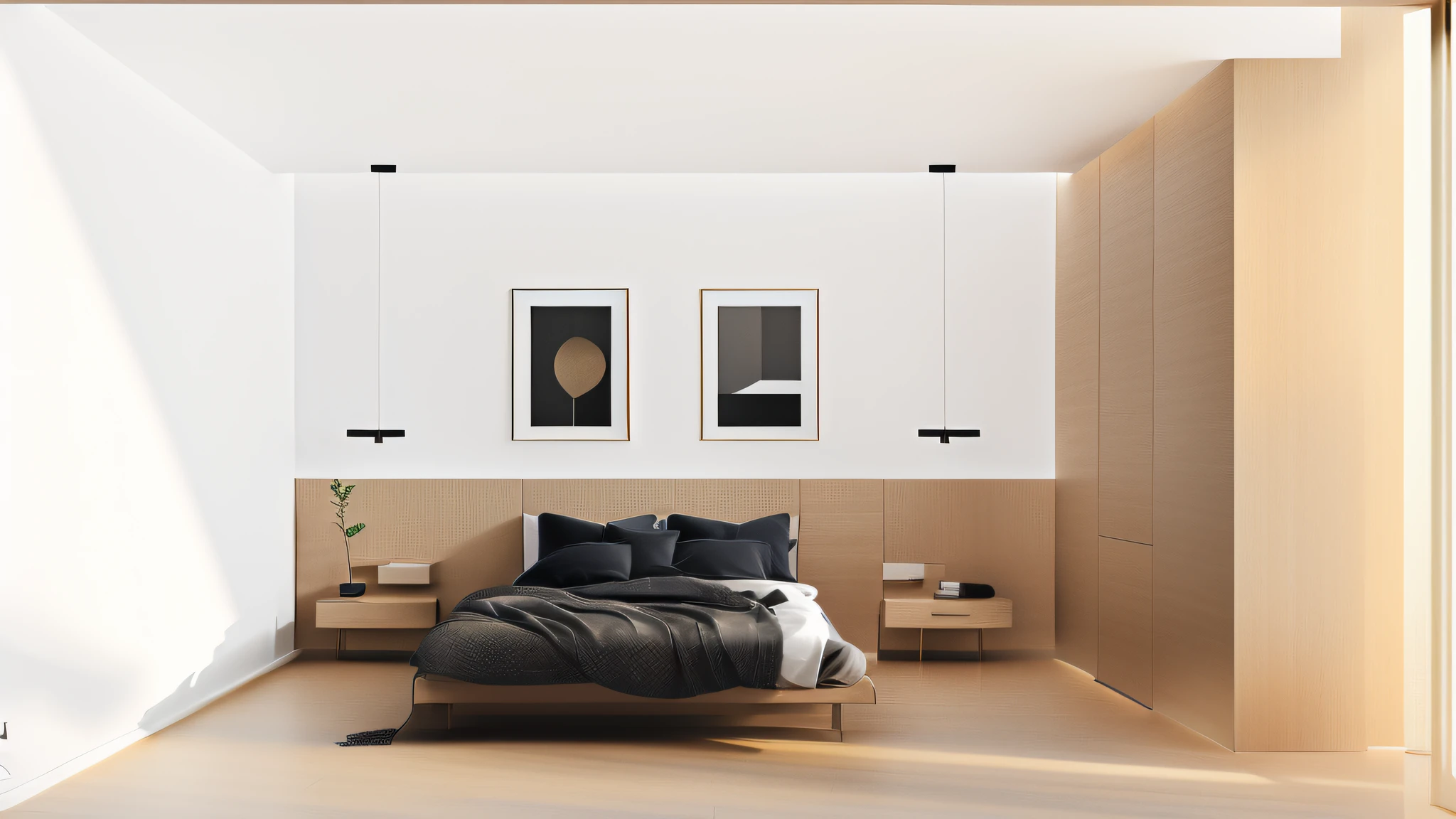 Great double room, minimalista, estilo escandinavo, hora dourada, luzes de volume, vray