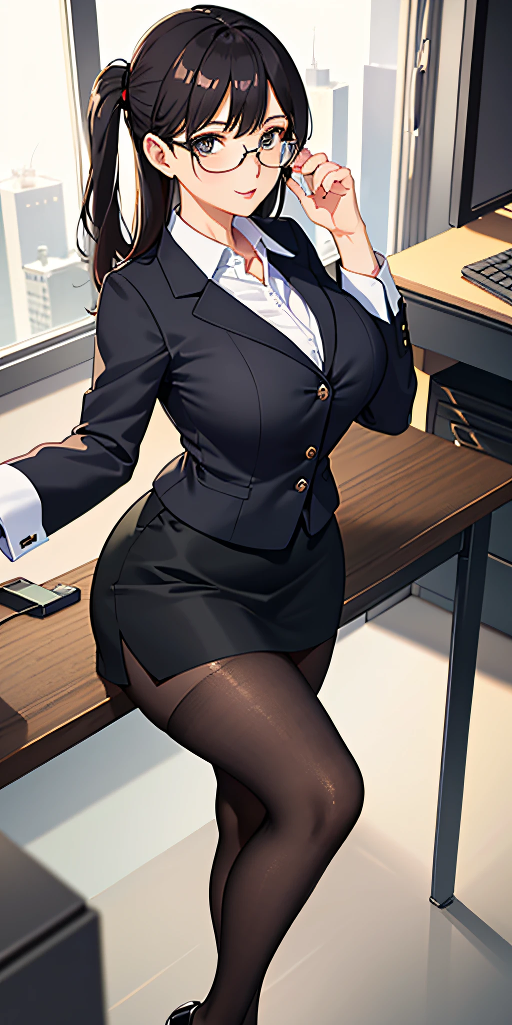 Elegant seasoned female teacher with glasses short skirt black stockings playfully dressed as an office worker, plump chest and