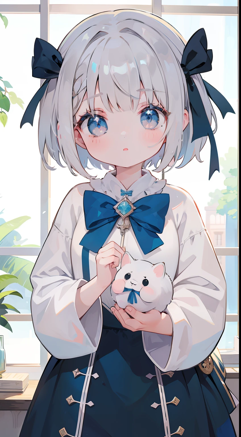 One Girl、silber hair、bob cuts、verd s eyes、cute little、masterpiece、Top image quality、top-quality、onepiece、bow ribbon