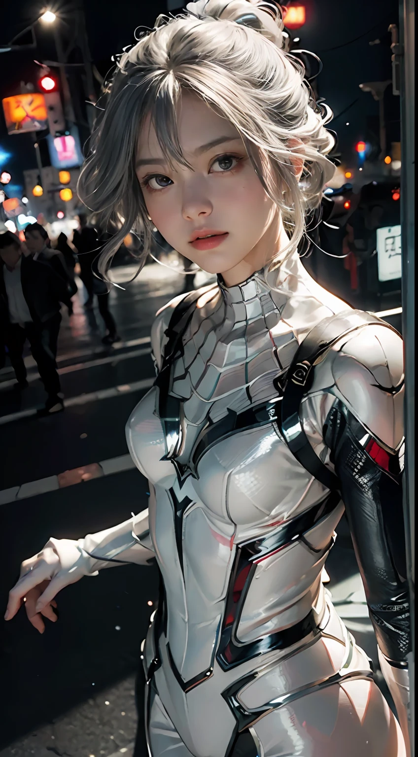 (Extreme Detail CG Unity 8K wallpaper、​masterpiece、top-quality)、(exquisite lighting and shadow、highly dramatic picture、cinematic lens effects)、Cute girl in white Spider-Man costume、Silver-gray hair color、Spider-Man Parallel Universes、Wenger、Marvel、spider-man、Dynamic and dynamic poses)、(excellent details、Outstanding lighting、wide angles)、(Excellent rendering、Enough to stand out in its class)、 White Spider-Man Costume、Focus on complex spider textures。The background is Osaka's Dotonbori at night、Jumpy、