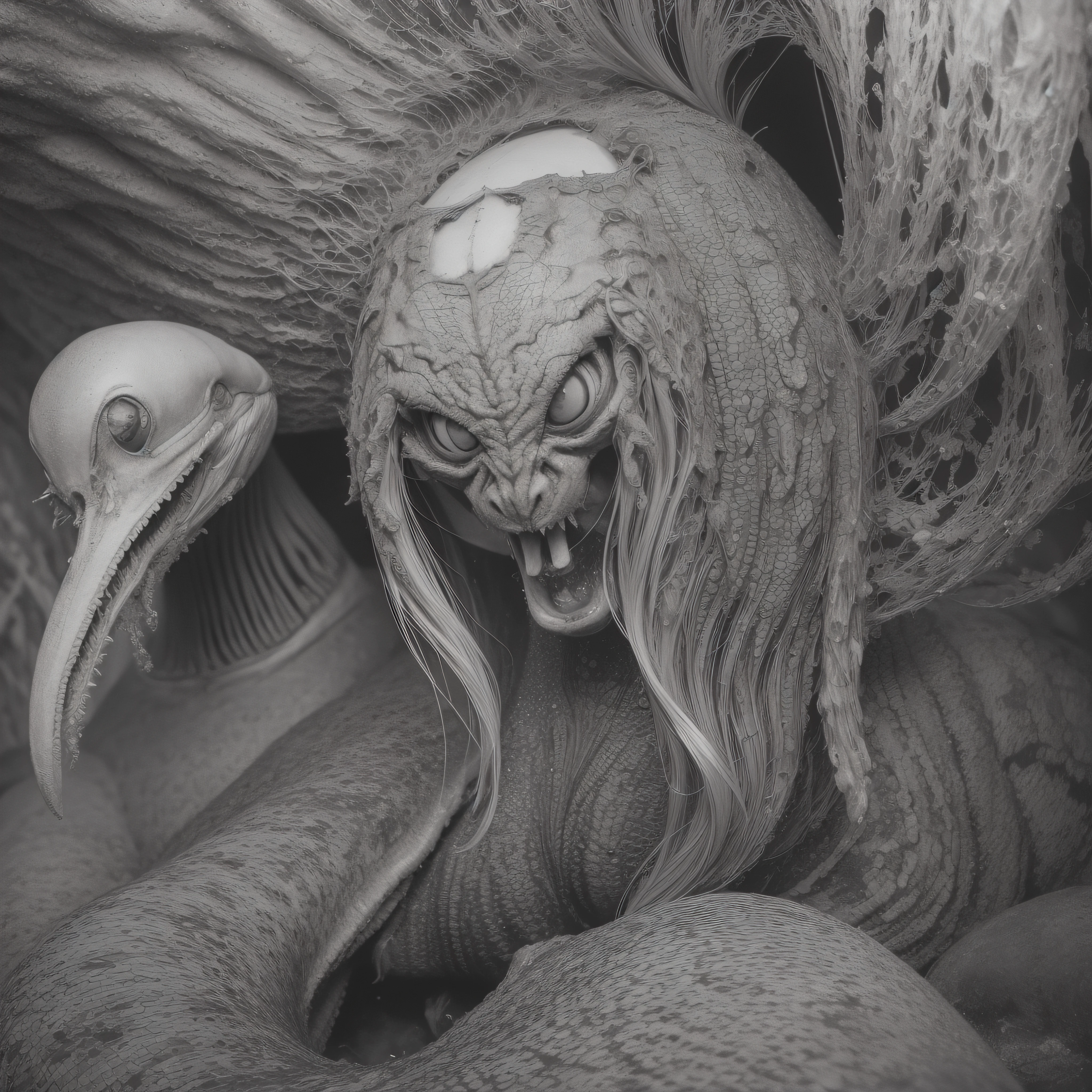 (extremadamente detallado, obra maestra, La mejor calidad), Estilo oscuro, intense illumination, rostro con arrugas, lengua larga, tentacle, deforme, monstruoso, interior de una piscina de agua verdosa, imagen submarina, alien con Colmillos finos, pico de pulpo amenazante. manchas de tinta. Rococo composition. Luz de caravaggio