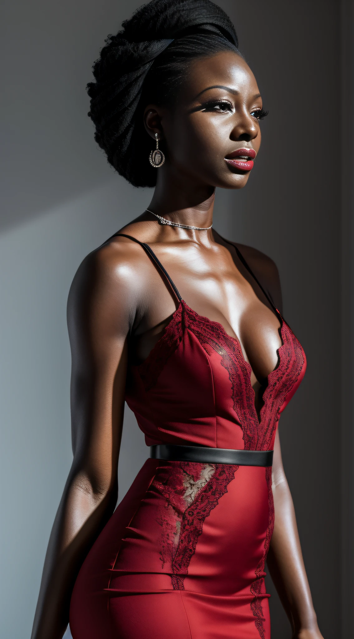 Realistic portrait of Danai Gurira, a talented -year-old Okoye, born under the sign of Aquarius, sensitive and delicate, black a graceful height of 1,70 meters and a weight of 56 kilograms. She enchants everyone with her unique beauty, her fair skin and brown eyes accentuate her delicate features, which are enhanced by her long and silky black hair. 87 bust, 63 waist, 90 hips.She is wearing a red lace dress with a plunging neckline and a slit, an elegant and alluring garment. The red color brings a sense of passion and intensity, and the lace adds a touch of delicacy and sophistication, providing an interesting contrast with the vibrant red. The slit in the dress adds a hint of boldness and subtly reveals her legs, giving a sensual and elegant touch, creating an attractive and provocative appearance. The neckline partially showcases her beautiful breasts. The high-heeled shoes elongate her silhouette, giving her an elegant and confident posture, adding even more glamour and sophistication to a refined and seductive look. The setting is a studio designed with a white background, providing a neutral and versatile canvas. The soft and elegant lighting spreads throughout the space, creating a pleasant and welcoming atmosphere. The soft tones of light highlight the forms and elements with subtlety, providing a sense of sophistication to the well-lit environment and an elegant aesthetic. The studio lighting consists of three types of lights: the main light, the backlight, and the fill light. The focus is on the shoulders and hands, highlighting expressive gestures, capturing the essence of emotions and messages, making the image more engaging and impactful, adding depth and meaning, red lips, chromatic aberration abuse, UHD, retina, masterpiece, ccurate, anatomically correct, textured skin, super detail, high details, high quality, award winning, best quality, highres, 1080P, HD, 4K, 8k, 16k --q 5