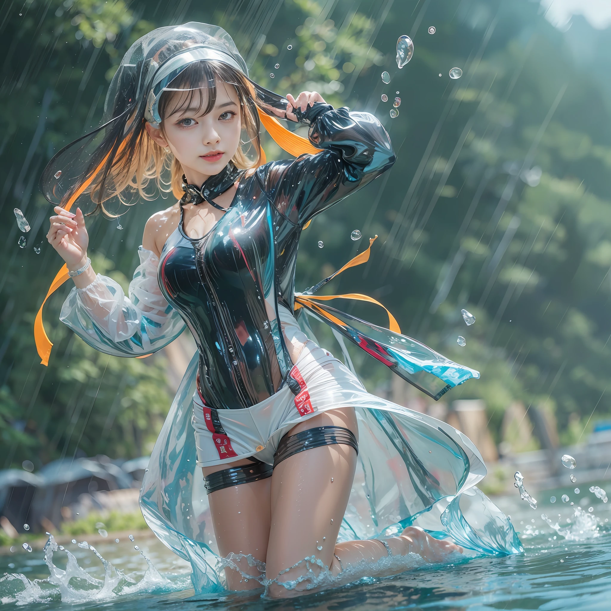 1girl, she is an athlete, swimming professional, she trains by swimming in a river, water splash, swim goggles and bathing cap, dynamic pose, wet, d cups, close view, perfect figure, vivid colors, scenery, sharp focus, masterpiece, detailed outfit, beautiful detailed eyes, depth of field, realistic,yifu,See through maid,shidudou,JK_style,Transparent raincoat,yuyao,black pantyhose