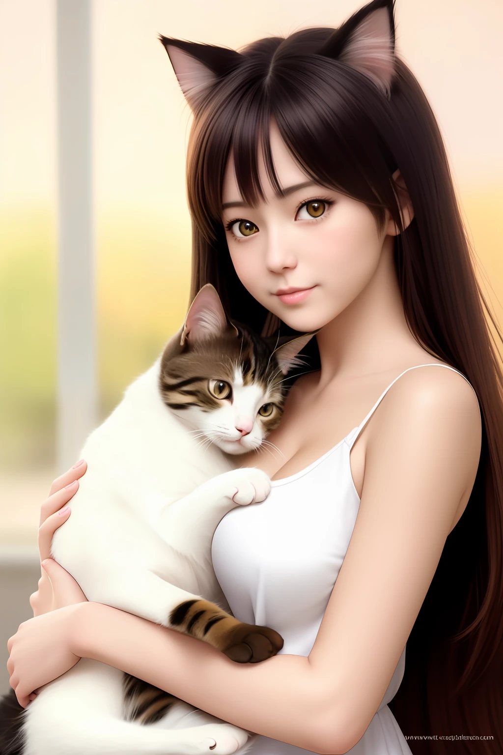 There is a woman with a cat in her arms, very beautiful cute catgirl, attractive cat girl, realistic anime 3 d style, realistic anime cat, Very Beautiful Anime Cat Girl, beautiful young catgirl, beautiful anime catgirl, she is holding a cat in her arms, realistic illustration, Realistic image, Adorable Digital Painting, big cheeks holding her cat, photo realistic style