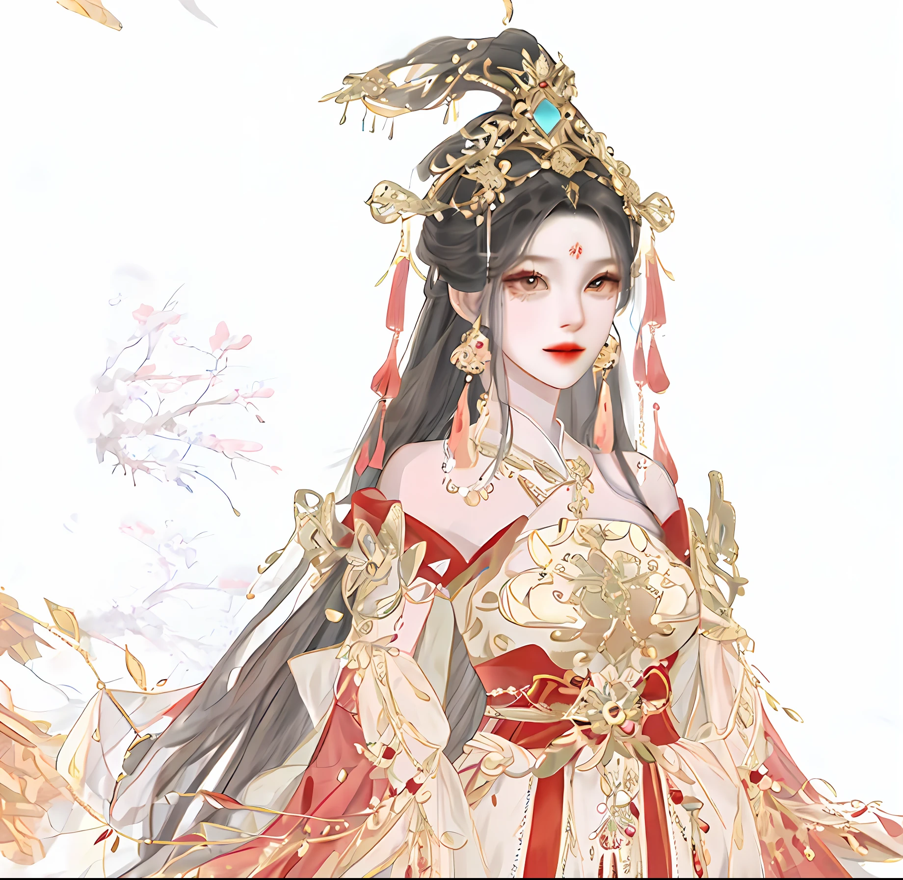 Anime girl in oriental costume with red and gold jewelry, a beautiful fantasy empress, ((a beautiful fantasy empress)), Palace , A girl in Hanfu, Princesa chinesa antiga, Inspired by Lan Ying, Inspired by Qiu Ying, China Princess, ancient asian dynasty princess, gilded lotus princess, Beautiful rendering of the Tang Dynasty, inspired by Ju Lian, inspired by Du Qiong