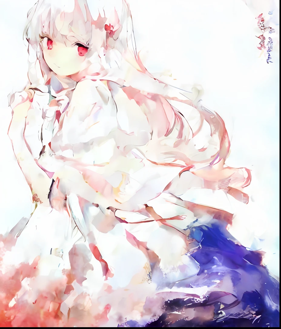 Anime girl with long white hair and white dress with red eyes, Soft anime illustration, from touhou, Anime girl with long hair, (Anime girl), anime style like fate/stay night, ethereal anime, Beautiful anime style, lollipop, Zerotwo,  in dress, flowing white robe, Beautiful anime artwork, Beautiful anime, anime art style