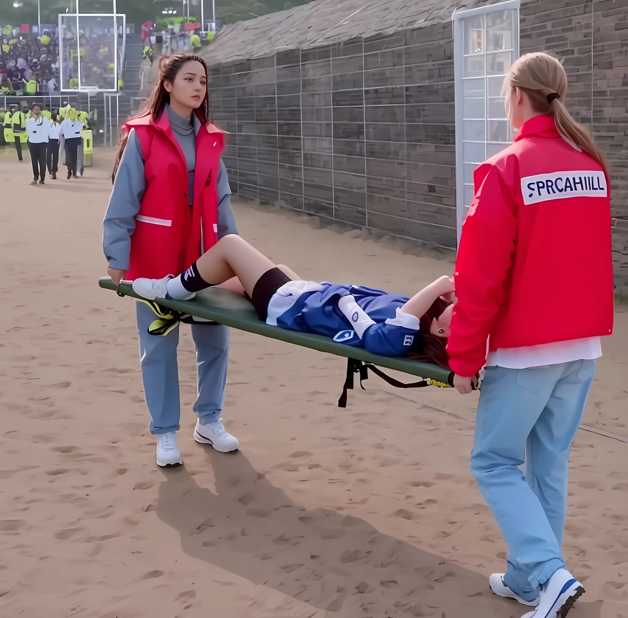 girls are carrying a man on a stretcher, realistic scene, injured, realistic shot, photo - shot, over-shoulder shot, edited, a beautiful, hurt, an illustration, in the background, dramatic scene, heartbreaking, special, carrying a tray, real photo, professional shot, a long-shot, There is a man lying on a stretcher with his hands crossed over his face, a man in a t-shirt and sports shorts has crossed his hands over his face, the man has an agonised face under his hands, two longhaired and ponytailed women that are wearing very shiny coats, there are longhaired women wearing laquered puffy coats, longhaired women are walking in wetlook puffy coats, several women walking around a football field with an injured athlete on a stretcher, the injured athlete on the stretcher covers his face with both hands, the women look very worried, behind the women there is a frightening atmosphere, there is heavy rainfall in the background, video still, behind the scenes, Malika Favre, screenshot, footage, 4 0 9 6, cover photo, aesthetic shot, dramatic mood, intense scene, Making of, Mongezi Ncaphayi, Thriller atmosphere, Filming, Edited