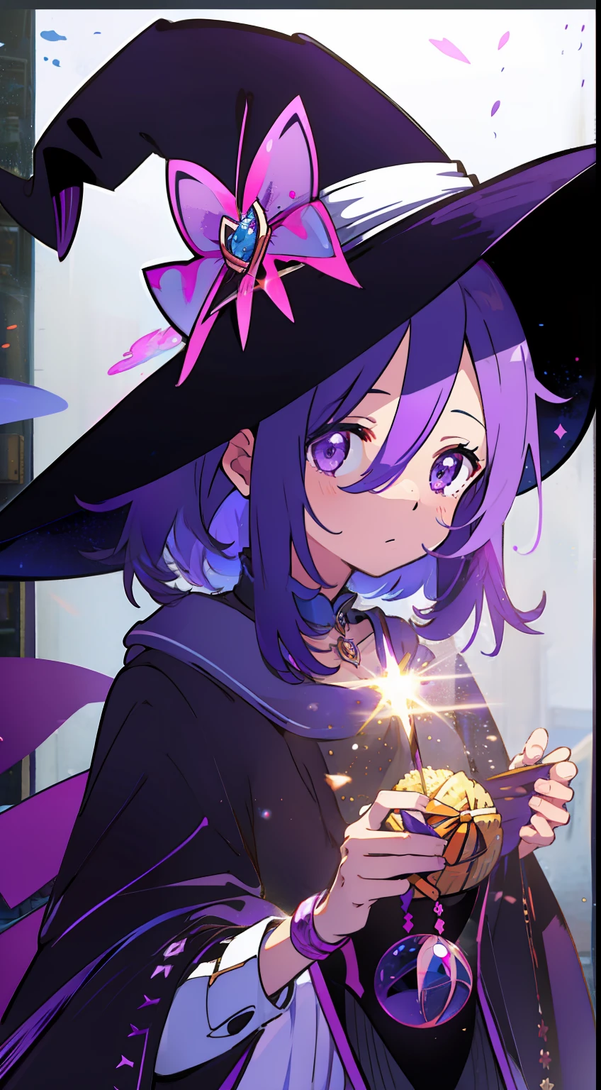 Ride a broom、One Girl、Purple hair、Purple eyes、the witch、witch clothing、magia、Magic Street、