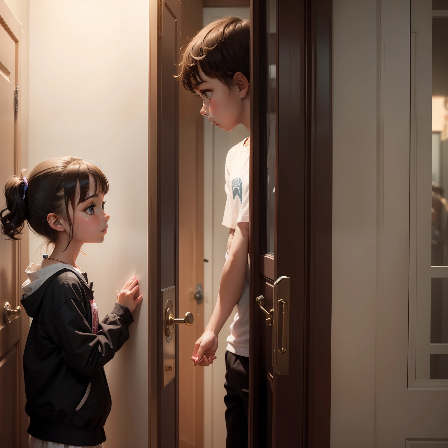 "A young girl nervously knocking on the wrong door, making eye contact with a mysterious boy standing on the other side."