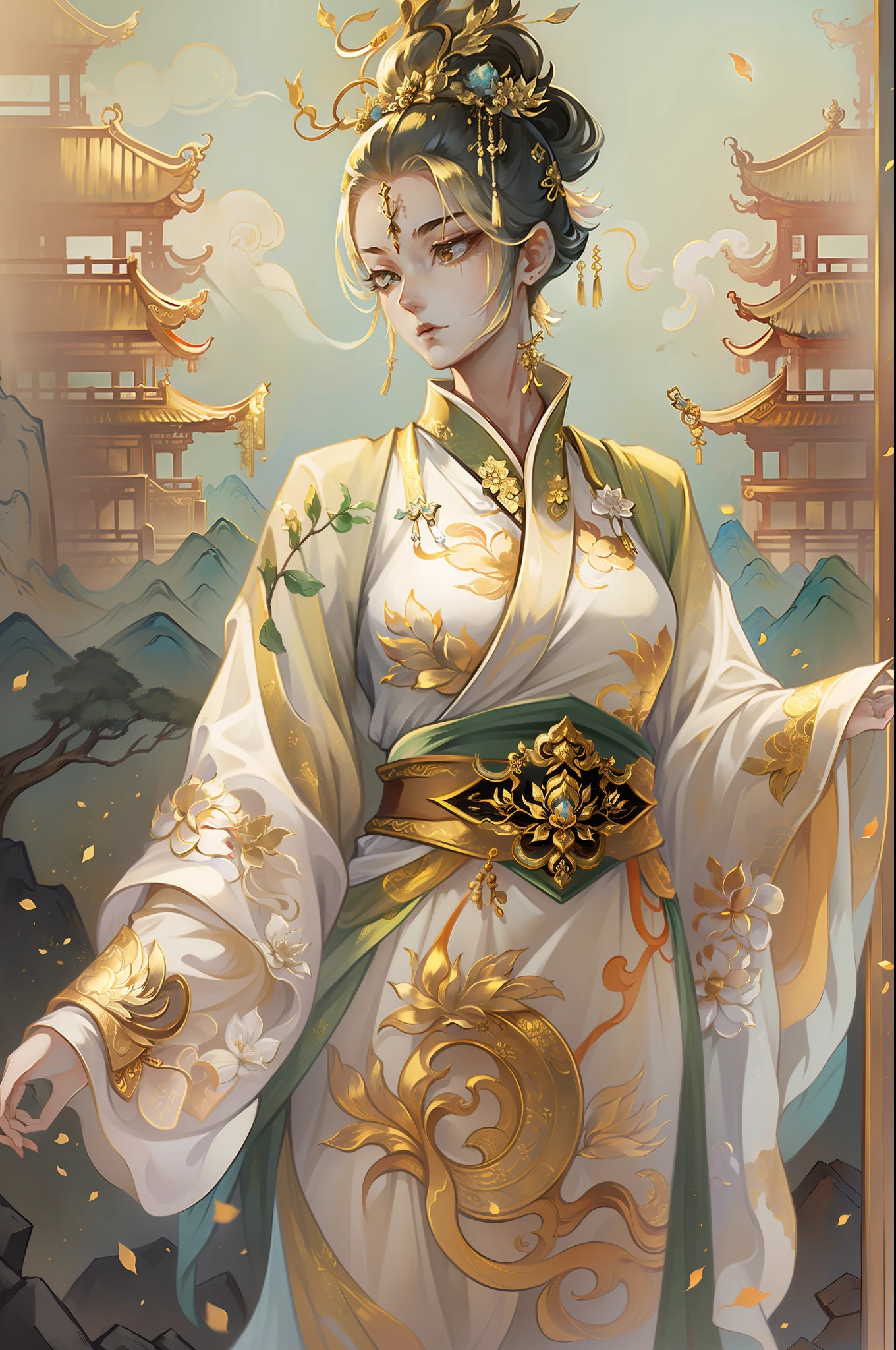 An ancient Chinese painting，（tmasterpiece，top Quority，Beauty and aesthetics：1.2）,1girll, are standing, Gold pattern robe, White pants, look at front, The aura of the halo, Gold Wing, had his hands folded, coiffed blonde hair, Black eyes, Closed mouth, (The upper part of the body), sunny clear sky, Skylight, Abandoned temple background, extremely detaile,（s fractal art：1.3）,Extremely colorful，Most detailed。