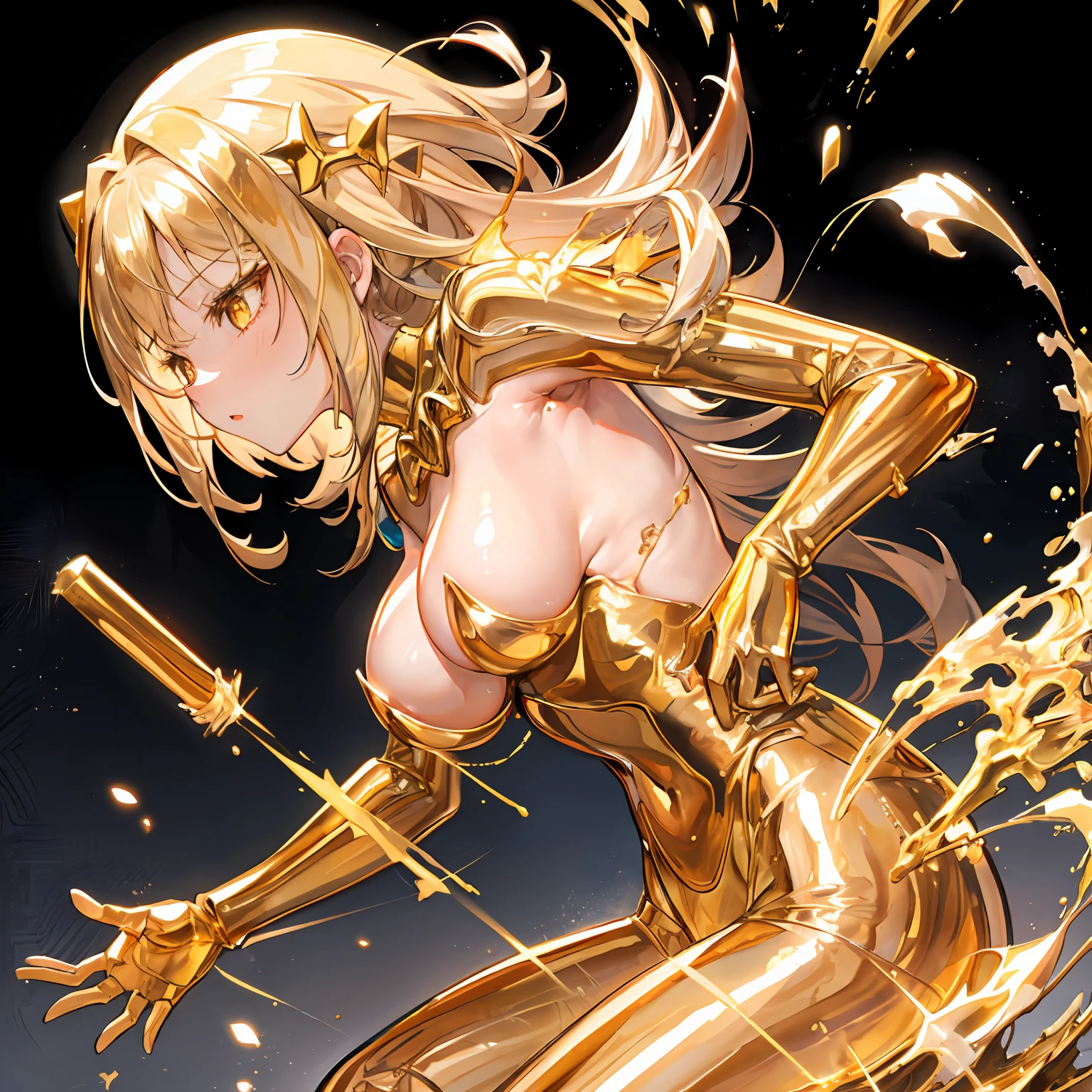 molten gold,from side,Wearing lots of gold accessories,1girl,shiny skin,goldpowder,Metalheart,liquid metal girl