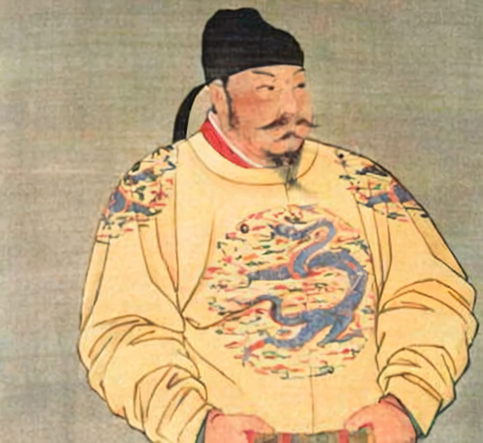 A painting of a man in a yellow jacket and a black hat, Emperor Taizong of Tang, Tang dynasty, Wearing ancient Chinese clothes, Traditional Chinese clothing,。