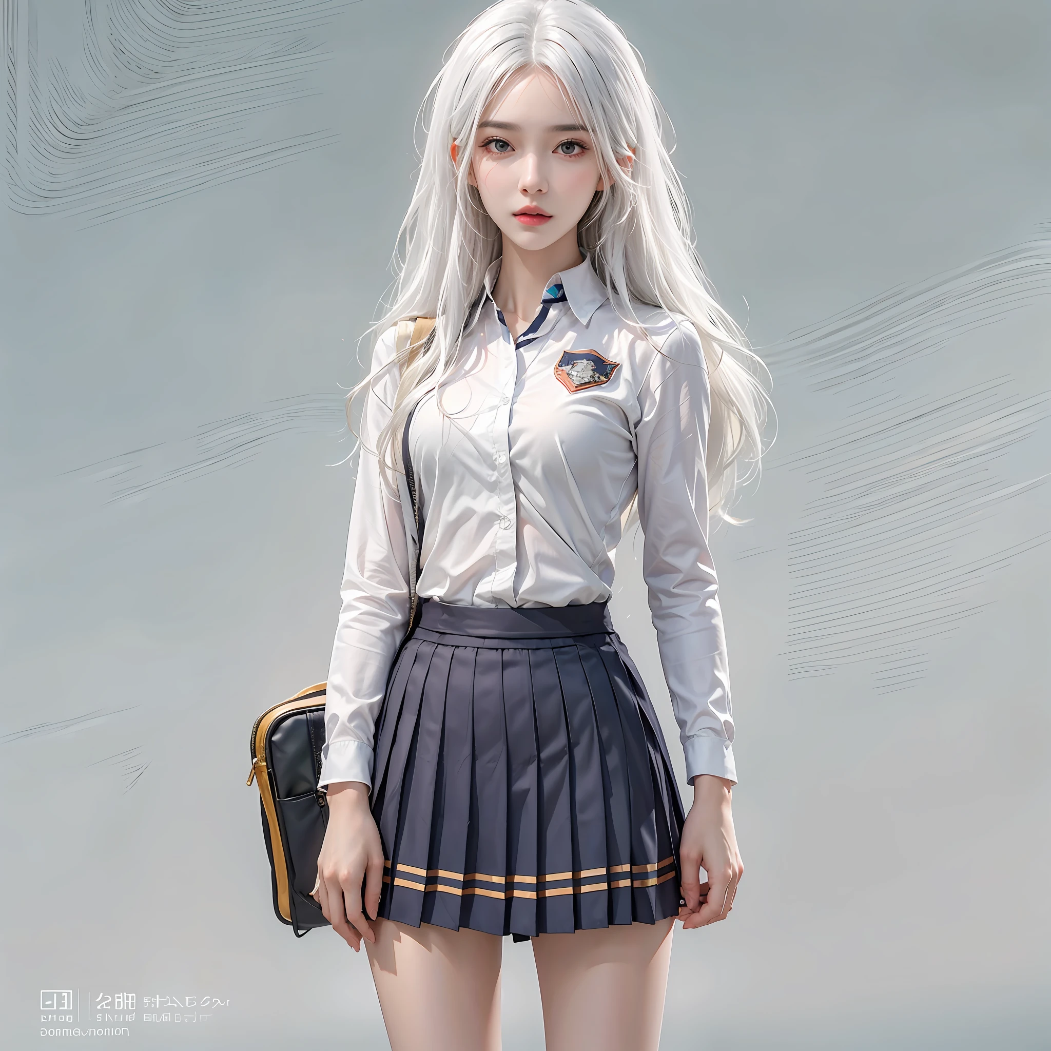 photorealistic, high resolution, 1women, solo, hips up, look at viewer, (detailed face), white hair, long hair, school uniform, skirt