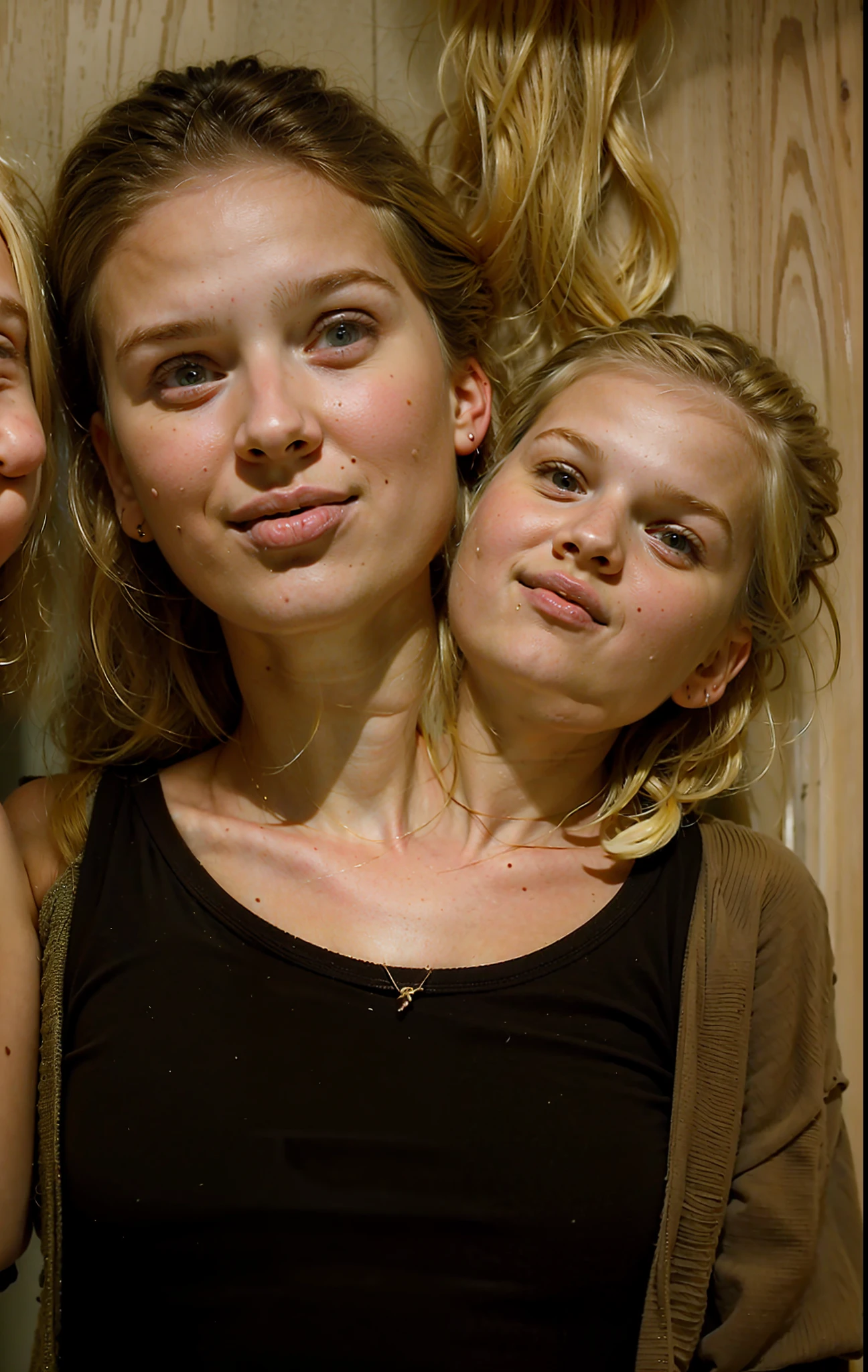 2heads, two headed girl, (9 year old girl:1.5), (female:1.5), (blonde:1.5), (two heads attached to one body:1.4), conjoined twins, heads side by side, one torso, young, uncomfortable, barefoot