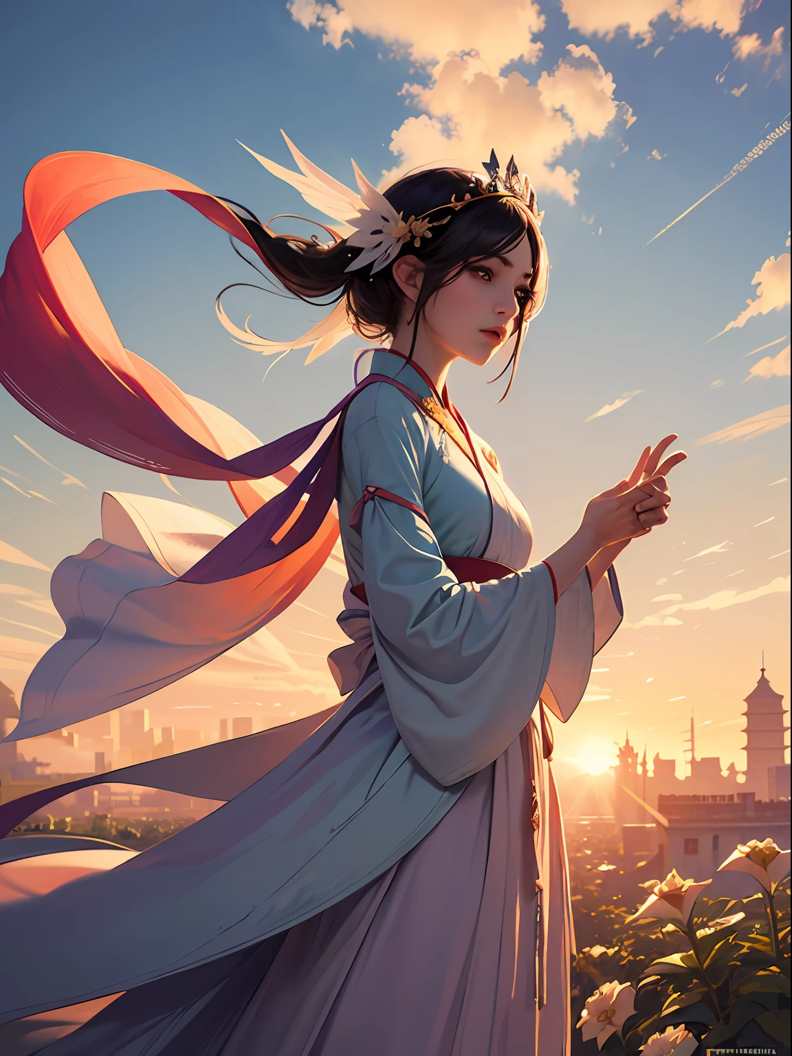 Wallpapers，Super detailed garden，datura，Manju Sawar，superimposition，Best Picture Quality，dynamic angle，brightcolors，High saturation，Rotten rambling，one-girl，Atmospheric particles，thin fog，sun light，Hanfu，head gear，Bigchest