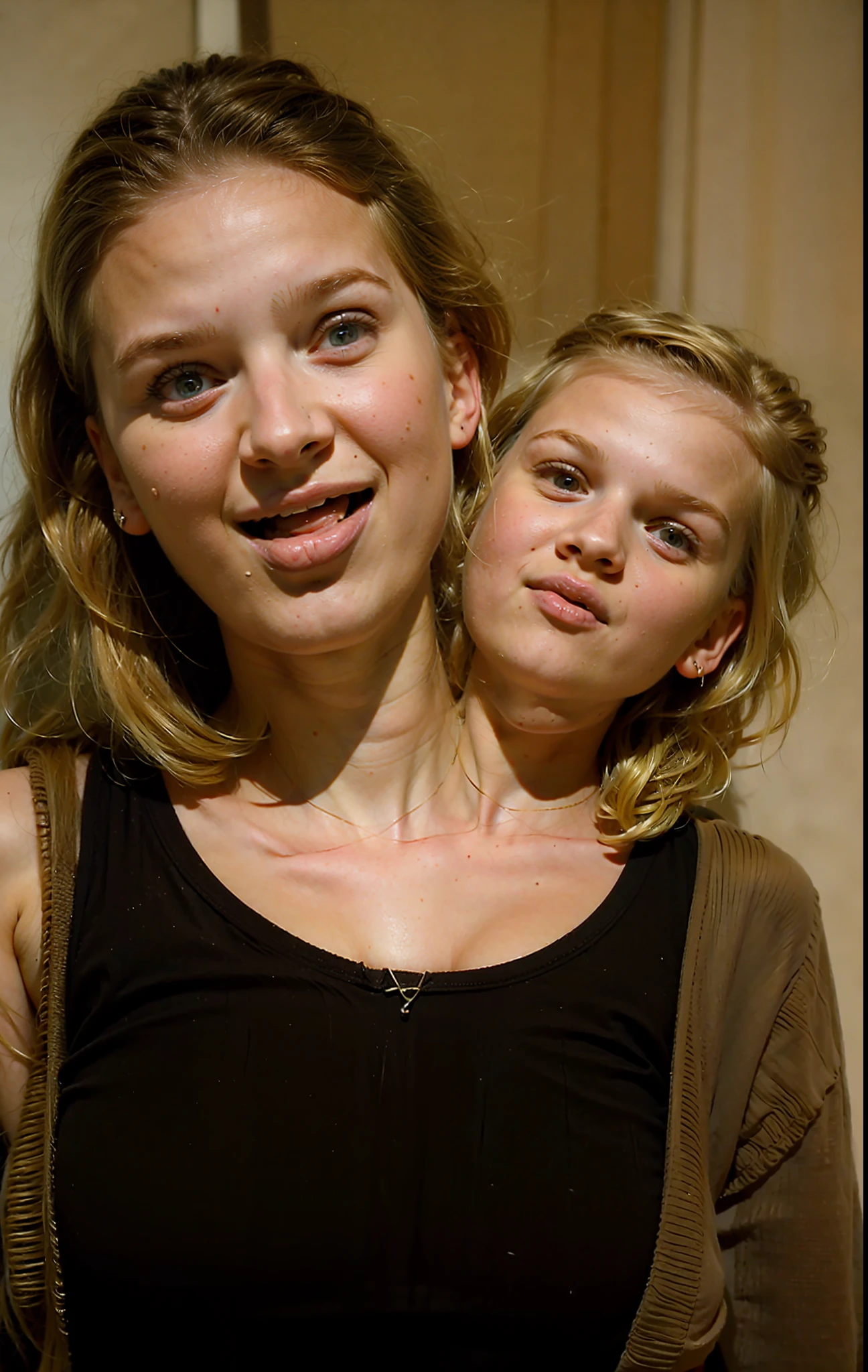 2heads, two headed girl, (9 girl:1.5), (female:1.5), (blonde:1.5), (two heads attached to one body:1.4), conjoined twins, heads side by side, one torso, young, uncomfortable, barefoot
