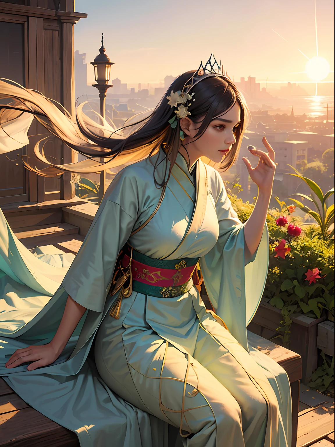 Wallpapers,Super detailed garden,datura,Manju Sawar,superimposition,Best Picture Quality,dynamic angle,brightcolors,High saturation,Rotten rambling,one-girl,Atmospheric particles,thin fog,sun light,Hanfu,head gear,Bigchest