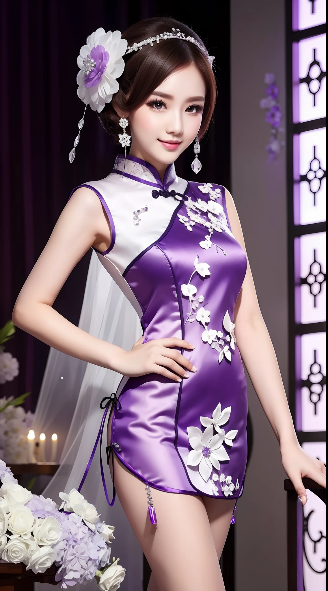Purple and white cheongsam,Wearing crystal flowers on his head,Enchanting,Black legs,model poses,dyna