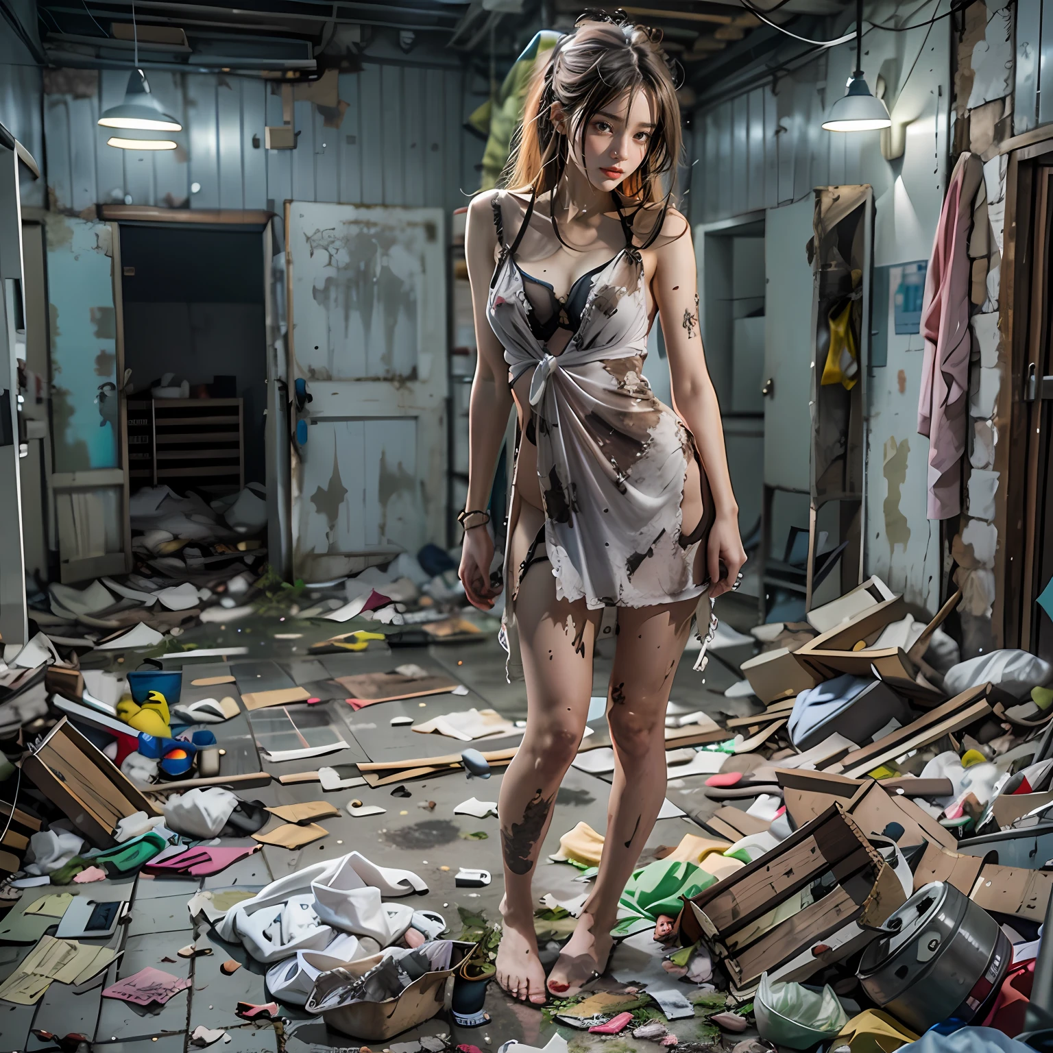 abandoned toilet,Sexy standing pose,Garbage all over the ground,grimy,Dilapidated,Devastated,best qualtiy,full-body portraits(1:1),18 years old girls,lean and slender body,Skinny,Smaller bust,The barefoot,Reduces breast leakage,Naked all over the body,no clothes are worn,don't have clothes