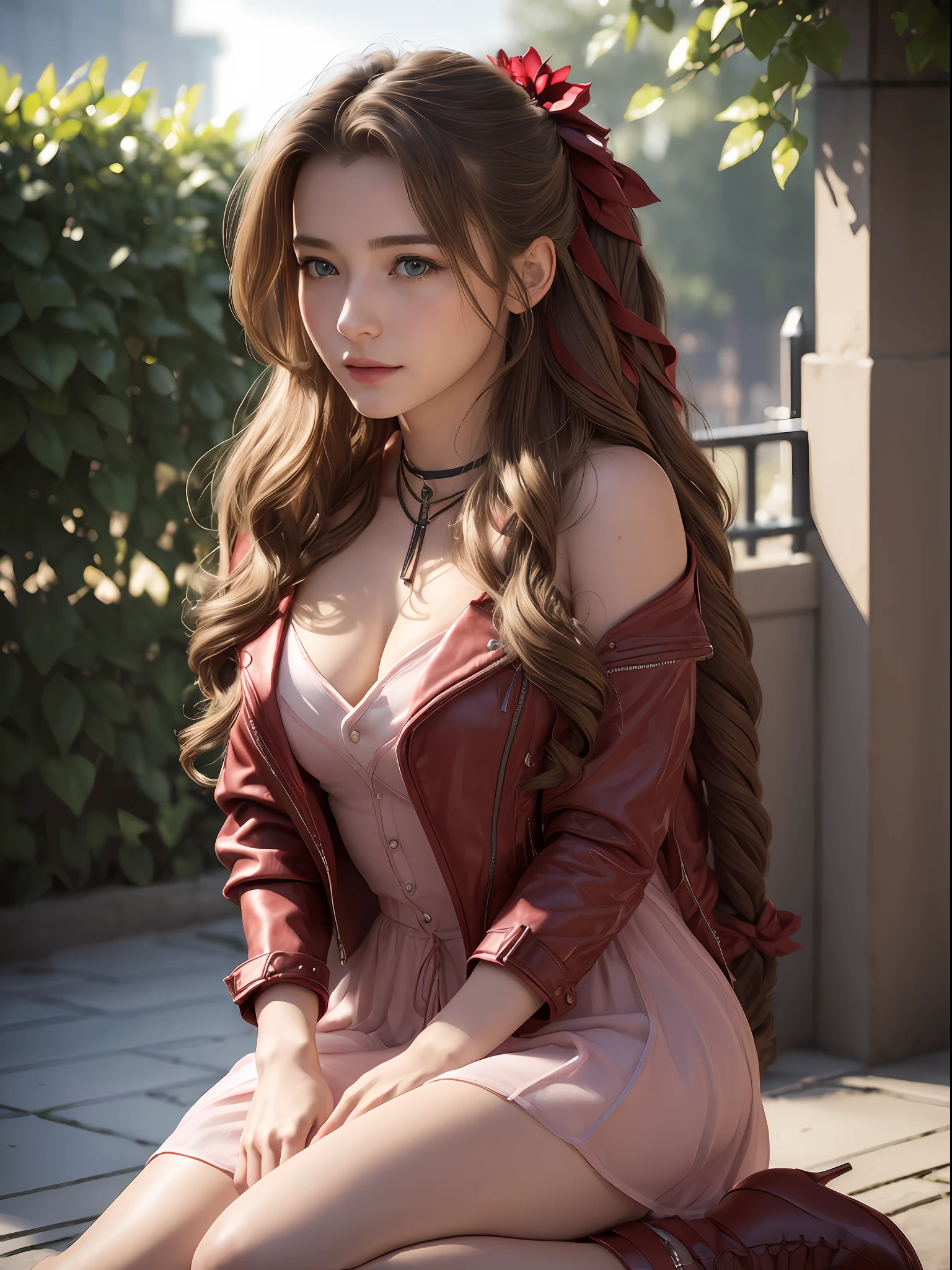 (masterpiece, best quality:1.4), (future days), (wide shot), (front shot), (1girl), solo, beautifull smile, (european youth:1), aerith gainsborough, choker, cropped jacket, hair bow, bracelet, pink dress, brown boots, very long hair, hair ribbons, hair flowers, strapless red dress, high heels hyperrealistic, high detailed skin, dslr, soft lighting, high quality, highly detailed face, highly detailed skin, skin pores, subsurface scattering, realistic pupils, medium breast, full face blush, full lips, detailed background, depth of field, volumetric lighting, sharp focus, absurdres, realistic proportions, good anatomy, (realistic, hyperrealistic:1.4), 16k hdr,