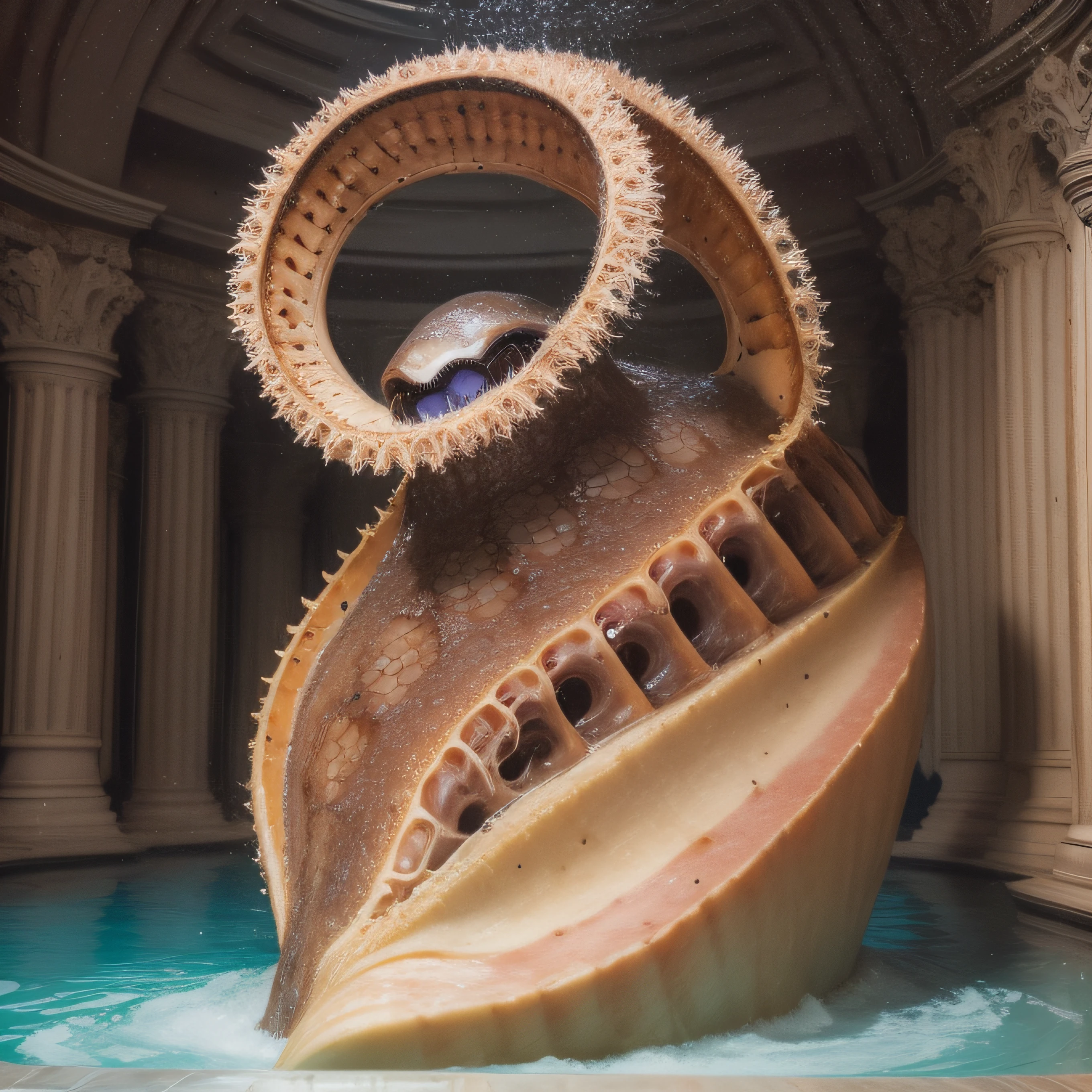(extremadamente detallado, obra maestra, La mejor calidad), Estilo oscuro, intense illumination, rostro con arrugas, lengua larga, tentacle, deforme, monstruoso, interior de una piscina de agua verdosa, imagen submarina, alien con Colmillos finos, pico de pulpo amenazante. manchas de tinta. Rococo composition. Luz de caravaggio