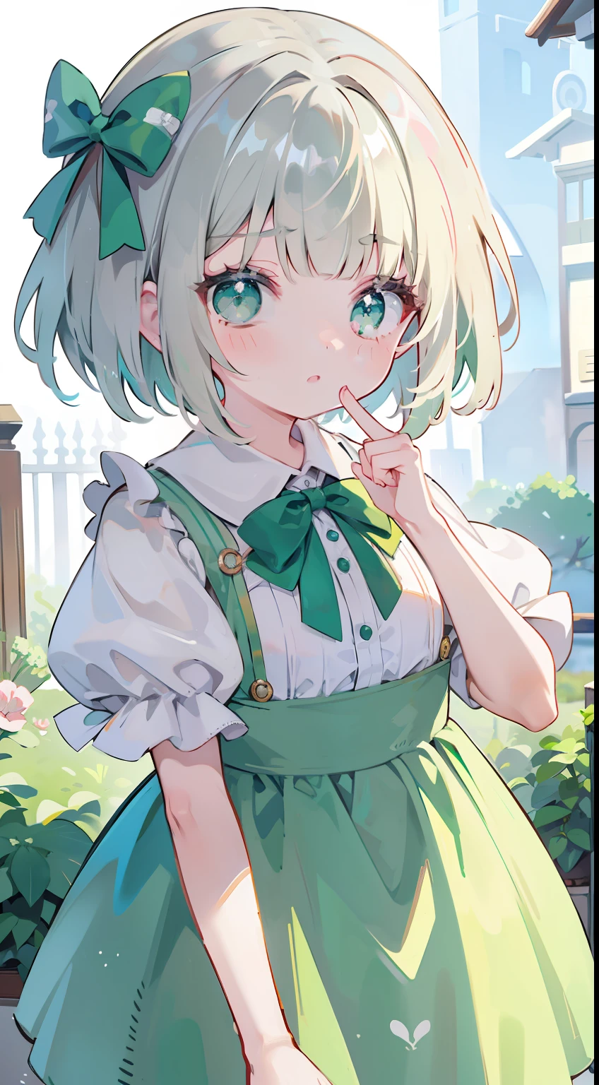 silber hair、((green colored eyes))、One girl、bob cuts、cute little、masterpiece、Top image quality、top-quality、Onepiece、bow ribbon