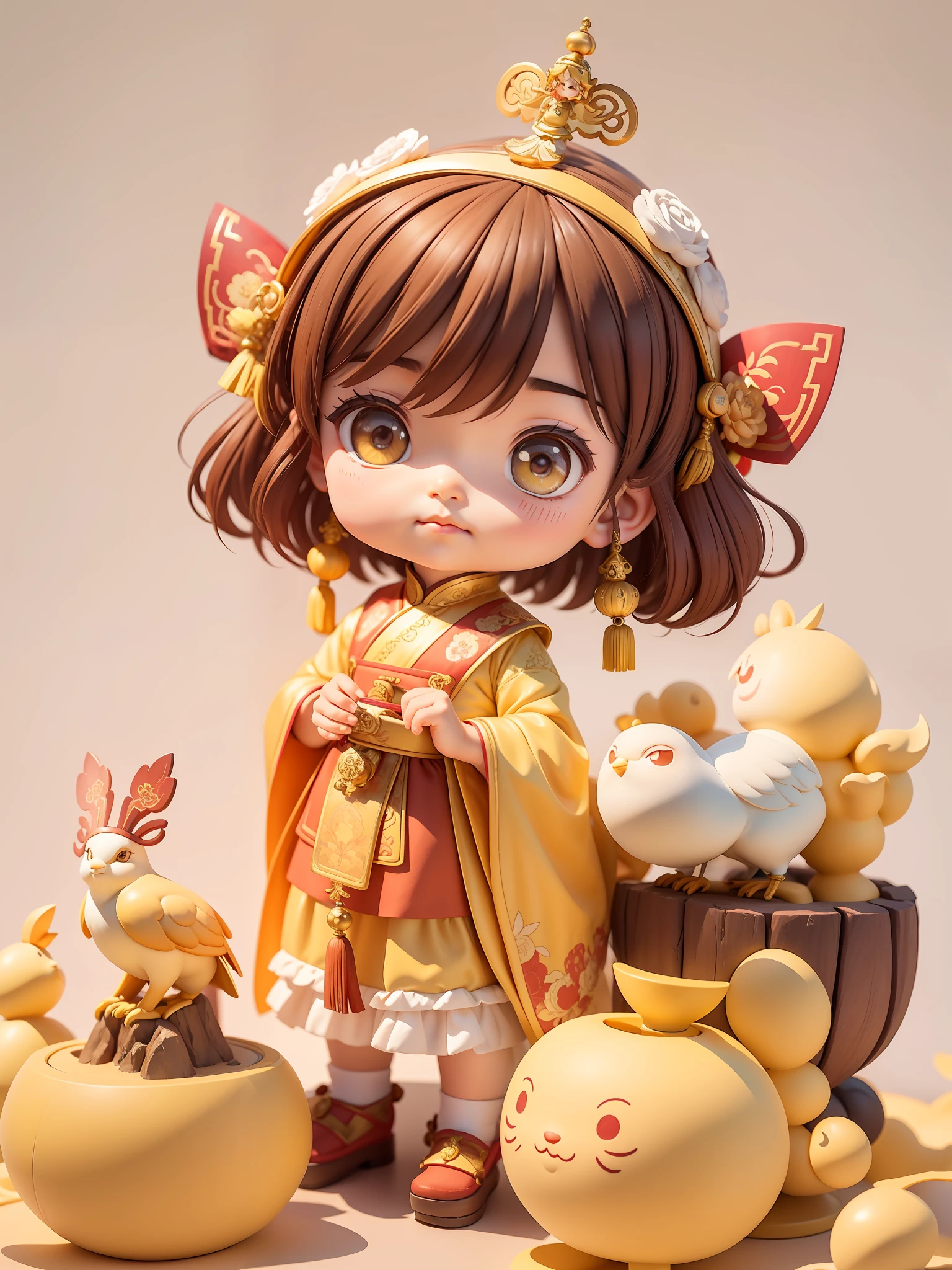 tmasterpiece,Chinese ancient style,cartoony,adolable,A little girl from ancient times,Short brown hair,Wear jewelry on the head,Wearing a yellow period costume,There are white decorations on the clothes,Holding a small bird in his hand,curious expressions,gaming character,3Drenderingof,rich details,high high quality,8k