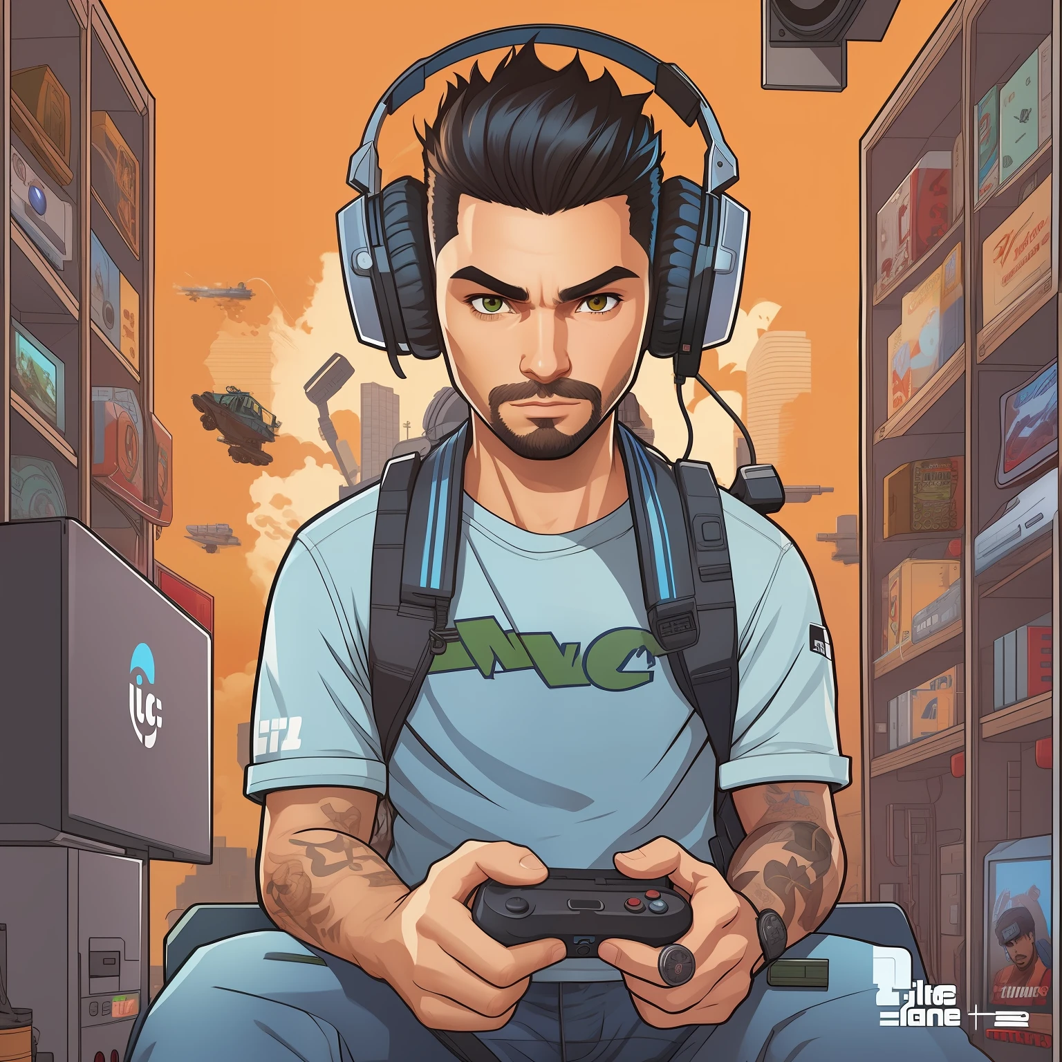 um desenho animado de um homem com fones de ouvido sentado na frente de um computador, Avatar de videogame, fanart de videogame, detailed game art illustration, Video game style, arte de desenvolvimento de jogos, Epic portrait illustration, Game Illustration, Capa da Gamers Magazine, Tema gamer, 2 d arte do jogo gta capa, 2d arte do jogo gta capa, epic full color illustration, arte detalhada do jogo, estilo de videogame