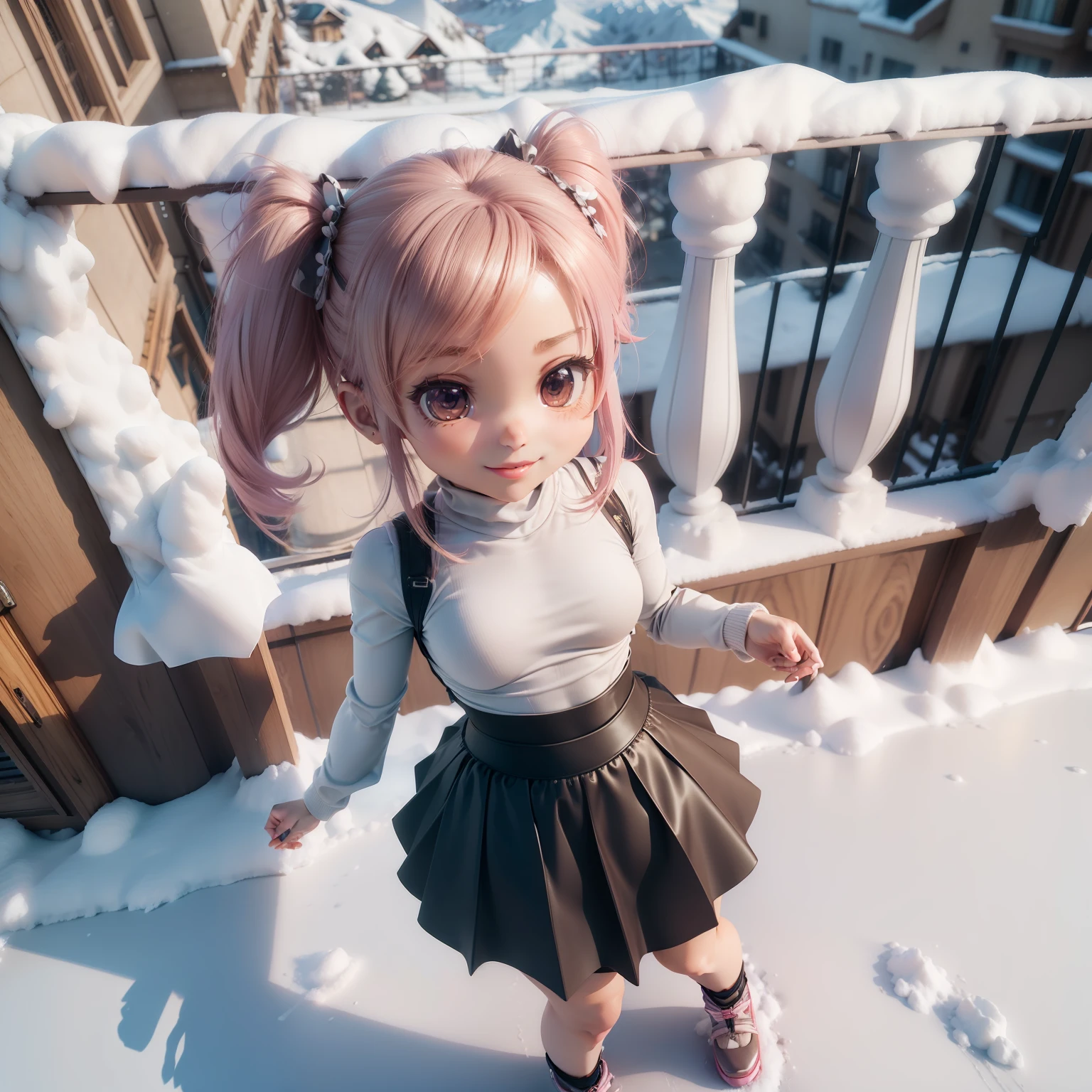 (((Chibi 3D))),Cute and beautiful chibi anime,(((Balcony Good, Shapewear Skirt, Flare Top ))), Rugged snowy mountains, skiing,Happy smile.