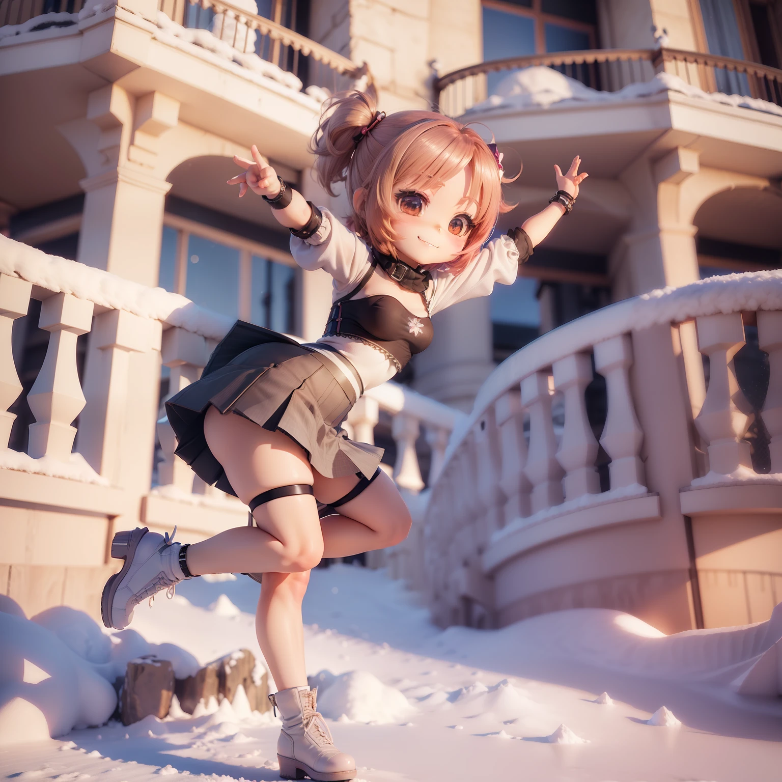 (((Chibi 3D))),Cute and beautiful chibi anime,(((Balcony Good, Shapewear Skirt, Flare Top ))), Rugged snowy mountains, skiing,Happy smile.