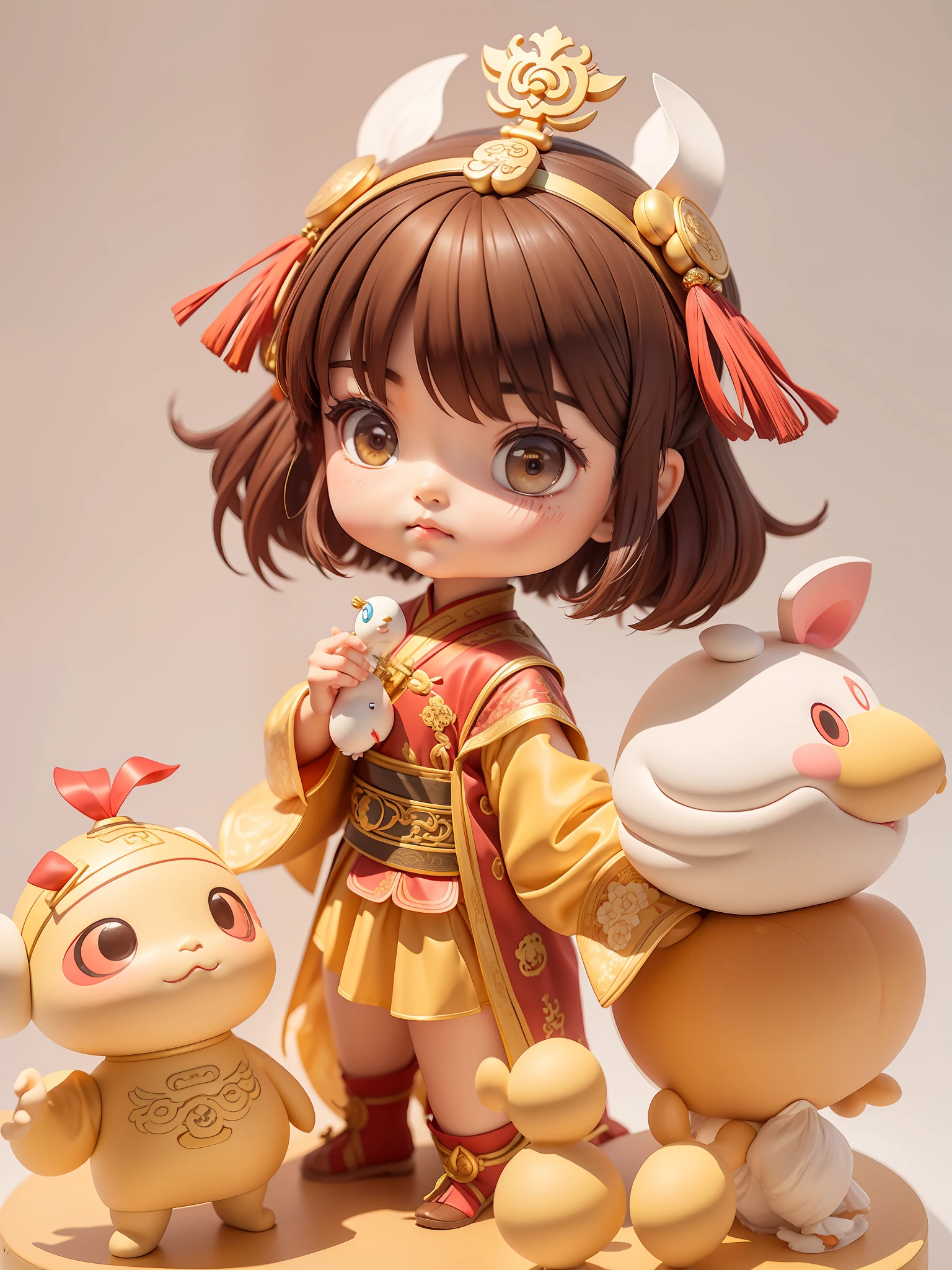 tmasterpiece,Chinese ancient style,cartoony,adolable,A girl from ancient times,Short brown hair,Wear jewelry on the head,Wearing a yellow period costume,There are white decorations on the clothes,Holding a small bird in his hand,curious expressions,gaming character,3Drenderingof,rich details,high high quality,8k