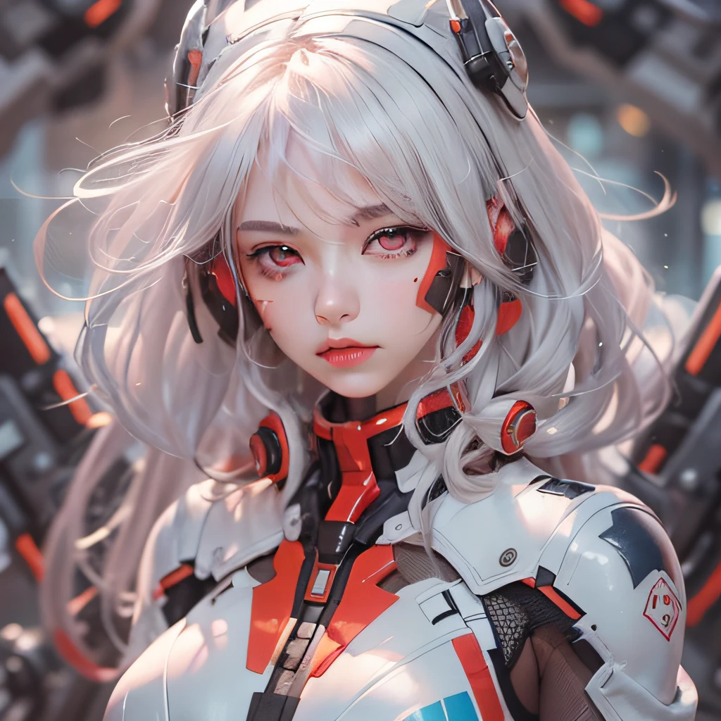 (masutepiece, Best Quality), (detailed and beautiful eyes), (Detailed eyes and detailed face), (beautiful and clear background), (extremely details CG, super detailed, Best Shadows), (( depth of fields)), beautiful conceptual illustration, (Illustration), (Extremely delicate and beautiful), (Perfect Detail) Anime woman 1 girl with red eyes wearing mecha suit and futuristic costume, breasts, Solo, Red Eyes, White hair, Looking at Viewer, android, Science fiction