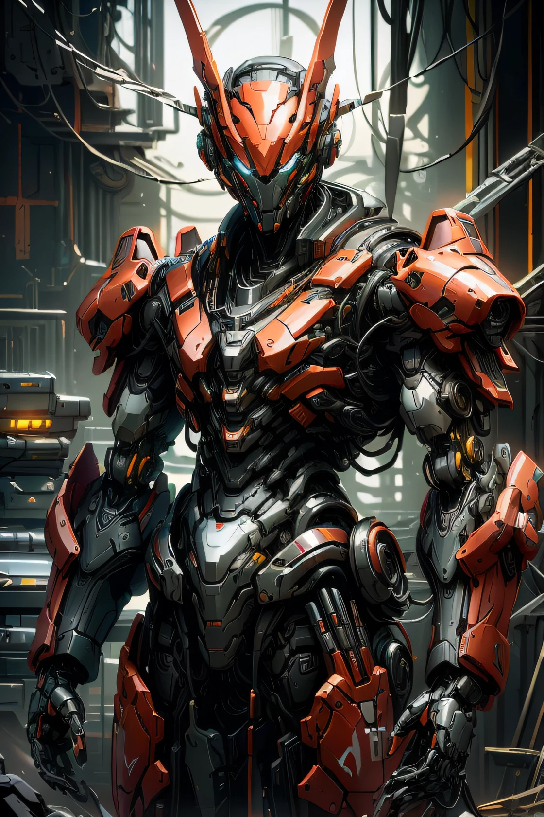 arafed robot standing in a sci - fi environment with a sci - fi background, ultra detailed game art, epic sci - fi character art, epic sci-fi character art, red mech, painterly humanoid mecha, epic scifi character art, cg artist, hard surface concept art, warframe art, inspired by Marek Okon, mecha suit