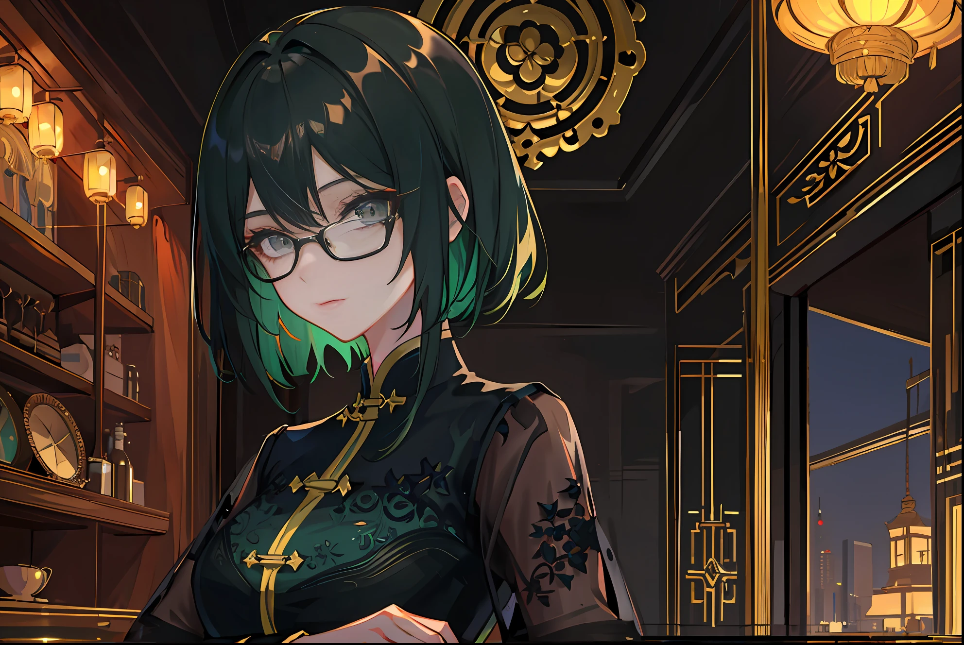 (Masterpiece, side-lighting, Ultra-detailed, fine detailed beautiful eyes: 1.2), 1girll,nightcity,Sateen,Dark green hair,short detailed hair,Black eyes,Chinese outfit,eye glass,Indifferent expression,