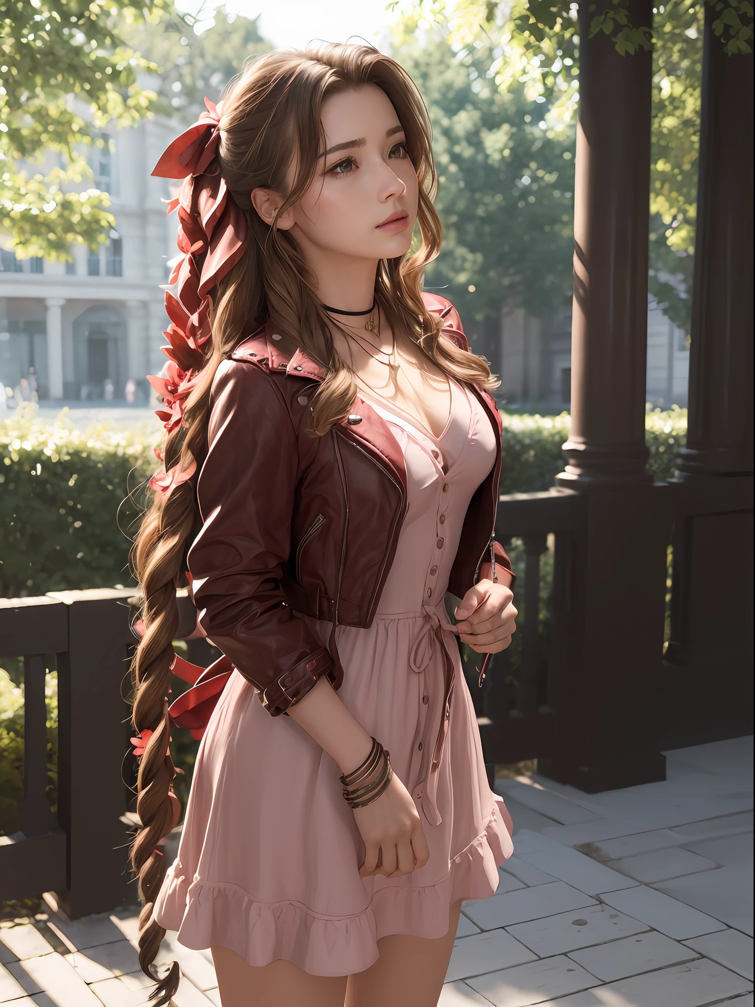(masterpiece, best quality:1.4), (future days), (wide shot), (front shot), (1girl), solo, (european youth:1), aerith gainsborough, choker, cropped jacket, hair bow, bracelet, pink dress, brown boots, very long hair, hair ribbons, hair flowers, strapless red dress, high heels hyperrealistic, high detailed skin, dslr, soft lighting, high quality, highly detailed face, highly detailed skin, skin pores, subsurface scattering, realistic pupils, medium breast, full face blush, full lips, detailed background, depth of field, volumetric lighting, sharp focus, absurdres, realistic proportions, good anatomy, (realistic, hyperrealistic:1.4), 16k hdr,