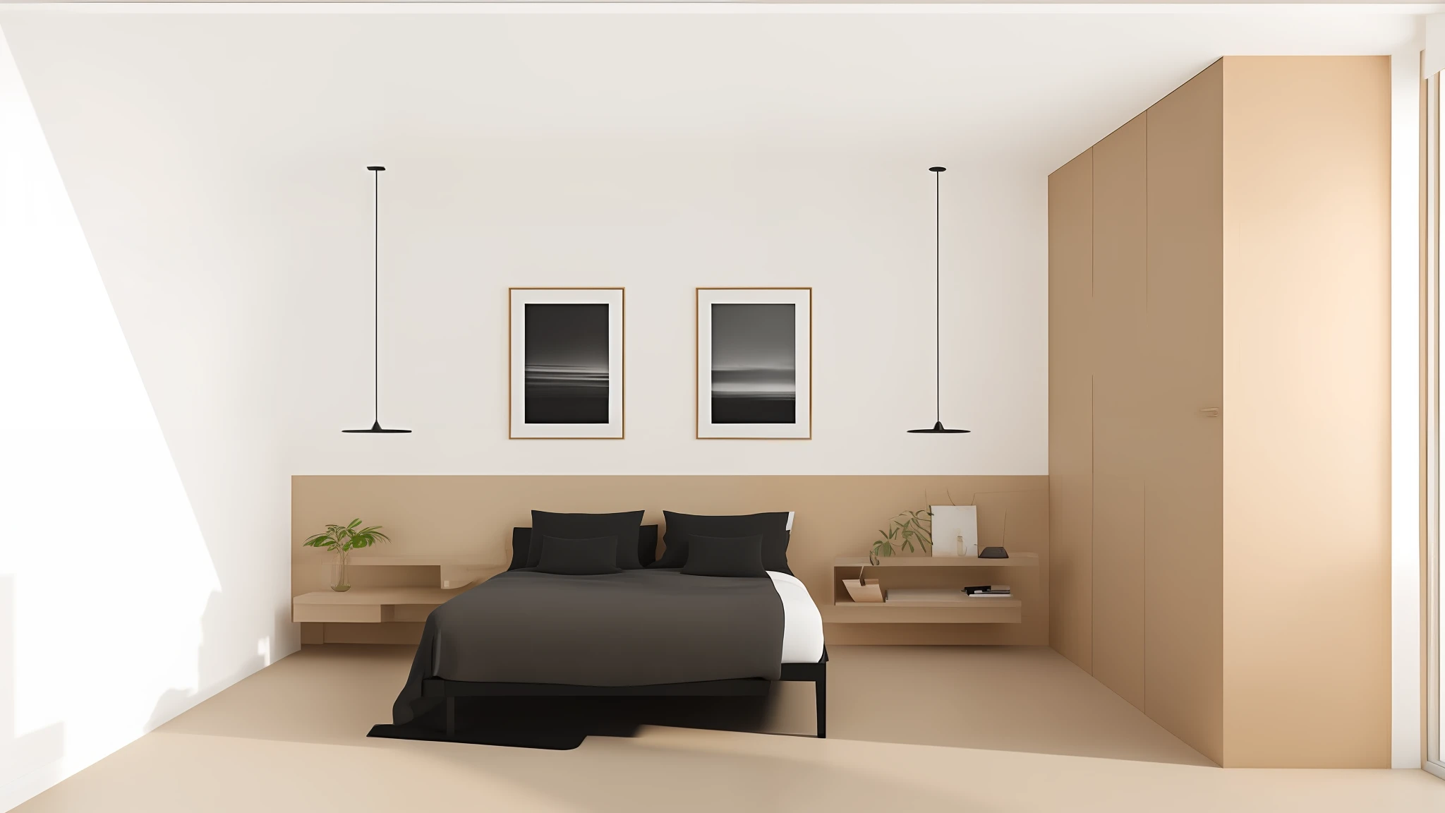 Great double room, Minimalista, Estilo escandinavo, hora dourada, luzes de volume, vray