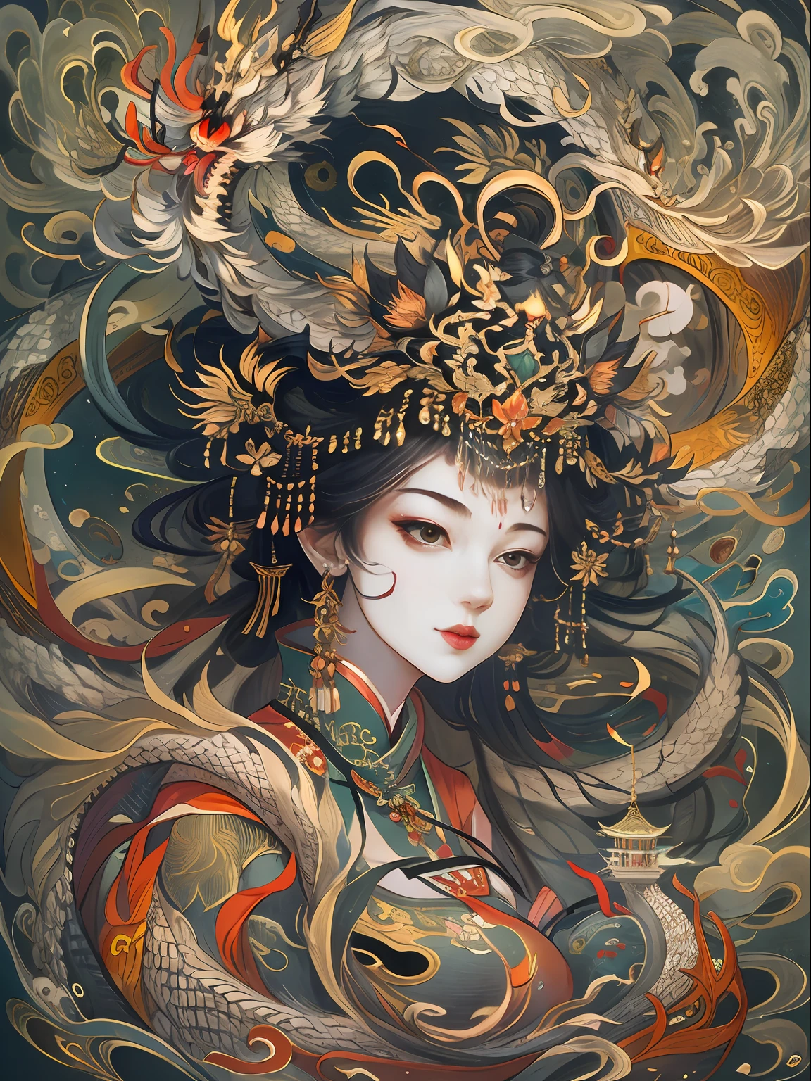 An ancient Chinese painting, Ancient Chinese background,tmasterpiece, super detailing, Epic composition, hyper HD, high qulity, extremely detaile,best qualtiy,(zentangle,Tangled,entangle),(s fractal art:1.4),1girll,Black color hair,chineseidol,cropped shoulders,short skirt,small thighs,nabel,The is very detailed,dynamic angle,cow boy shot,(Chaos in its most beautiful form),flowy,(vivd colour),overclocking,(A half body:1.2),Chinese big breasts,(Wall paintings:1.5),(Ribbons:1.3),(dream magical:1.5),(Hanfu:1.5),chinesedragon,Chinese Phoenix,(ssmile:0.5 ),(chinese deity),