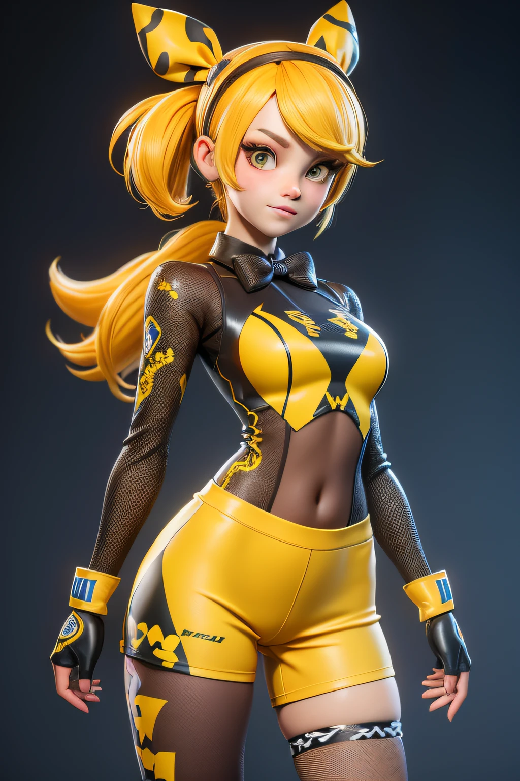 3dmm style, (masterpiece, best quality), intricate details, 1girl, solo, bea \(pokemon\), bow hairband, print shirt, tied shirt, yellow bodysuit, bodysuit under clothes, single glove, print shorts, knee pads, barefoot, cowboy shot, looking at viewer, yellow hair