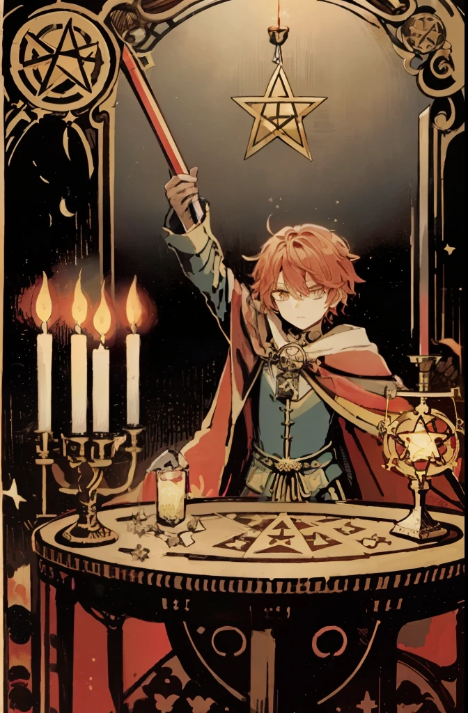 tarot card, magician, ember, robes, a sword, candle / holding a candle, Table with elements, Star, pentacle, Bowl, wallside