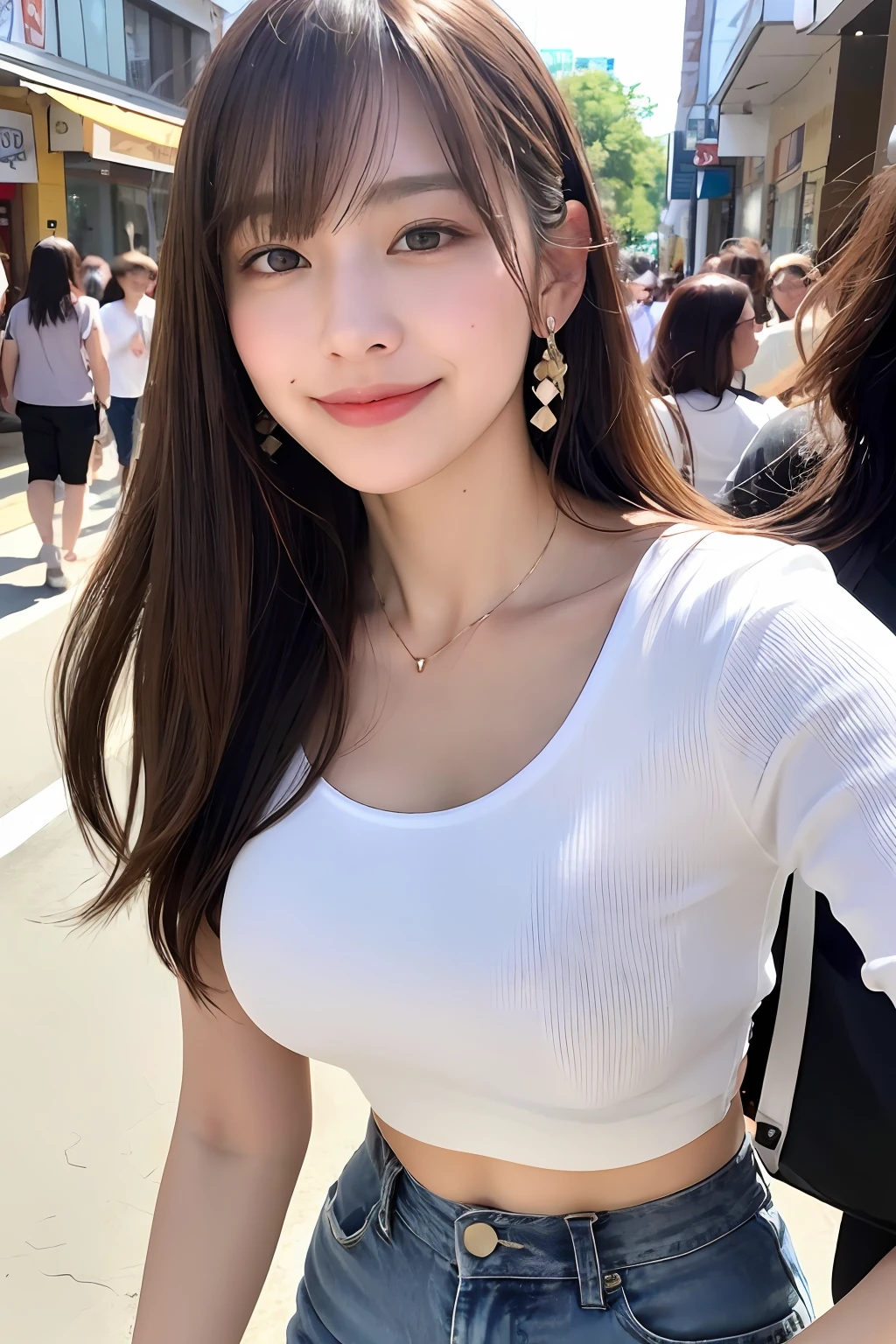 (8k, RAW photos, top quality, masterpiece: 1.2), ultra detailed, super resolution, (real, real photos: 1.37), portraits, high definition RAW color photos, professional photos, very detailed and beautiful, highly detailed, 8k wallpapers, amazing details, huge file size, official art, highly detailed CG Unity 8k wallpapers, highly detailed beautiful girls, highly detailed facesHighly detailed eyes, highly detailed skin, highly detailed fingers, Highly detailed nose, Highly detailed mouth, Perfect anatomy, Highly detailed background, Highly detailed clothing, One Girl, (18:1.2), teen, cute girl, famous Japan idol, cute, realistic body, petite, white skin, glowing skin, slim body, handsome body, brown hair, medium hair, (blunt bangs:1.2), smile, cute, youthful, pretty face, realistic face, delicate eyes, sagging eyes, white t-shirt, skirt, earrings, camera gaze, cowboy shot, front-facing, standing, contrapost, high street, public, crowd, dynamic lighting, very big breasts,