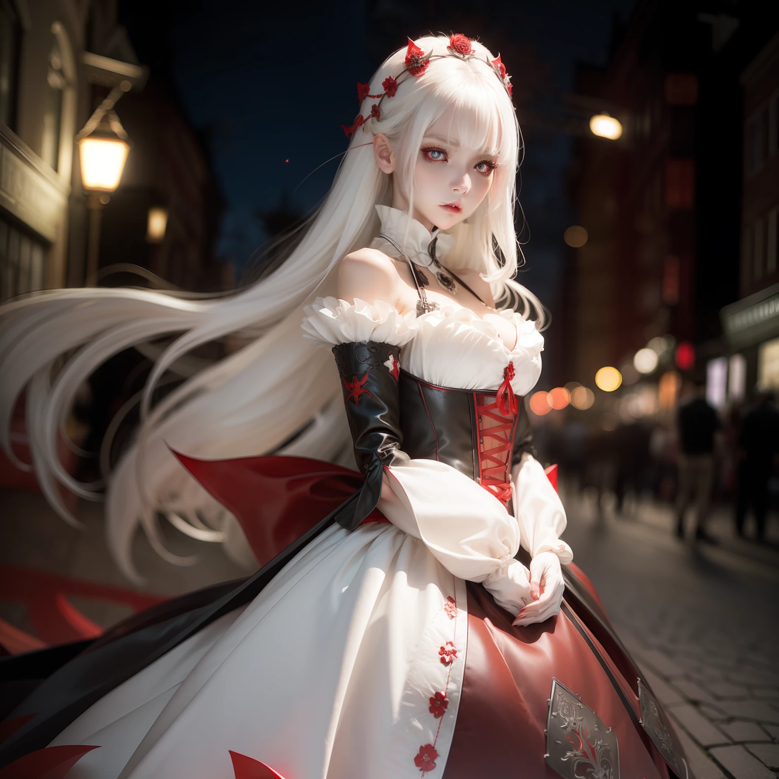 White-haired, red-eyed, petite royal sister, vampire sister flower, Vampire style,Long dark hair,Cool and beautiful,Red eyes with fair skin,Lens effect under soft moonlight,Late night street background,smooggy,Suspended bats,Melancholy and charming expression。