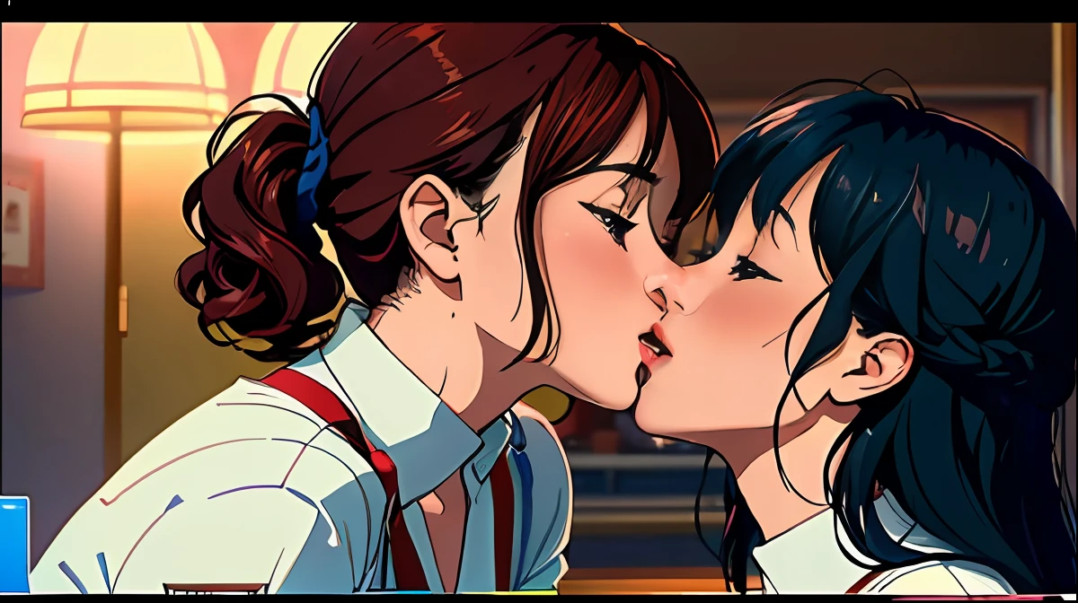 two women are kissing each other in a room, lesbian kiss, still shot from movie, kissing together cutely, screenshot from a movie, two women kissing at a carnival, movie filmstill, still from a movie, shot from movie, kiss, still from movie, still frame from a movie, movie frame still, movie screencap, still from the movie, kissing