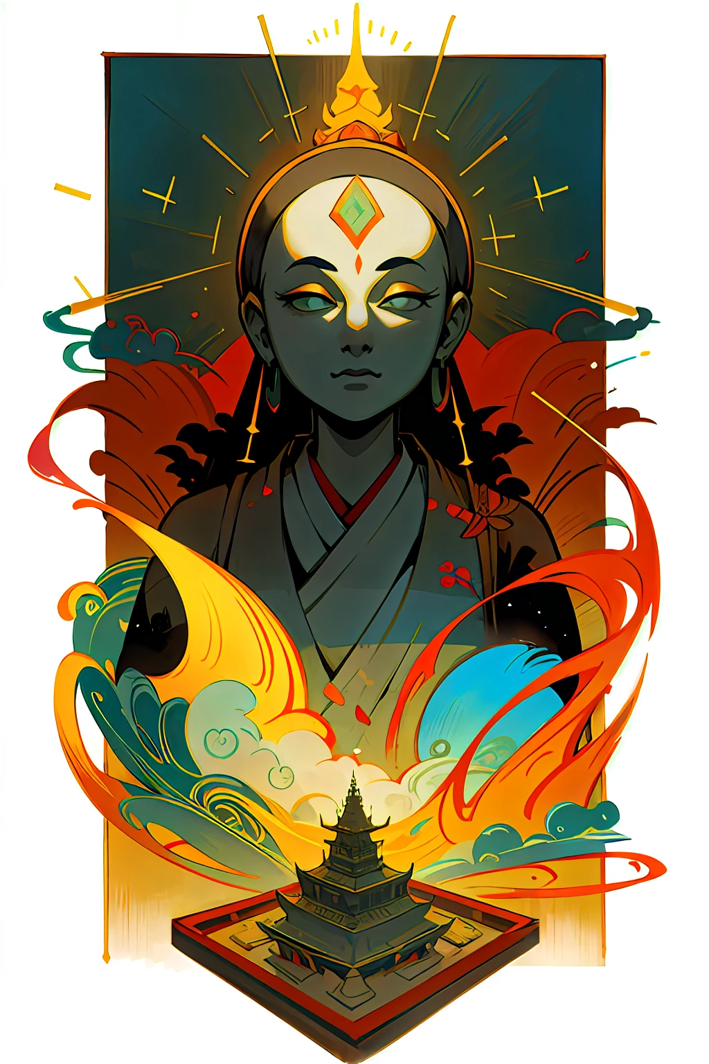 Buddha statue mural,(The murals are brightly colored,But tracked by corrosion),(8k wallpaper),(Ancient Chinese folk painter painting style),(Watercolor style painting),(Noticeable light and shadow effects),(Ray traching),(There is light particle tracing),(Fantasy mythological style),style of surrealism,(Extremely expressive drawing technique),Creative inspiration:Dunhuang murals,Ray