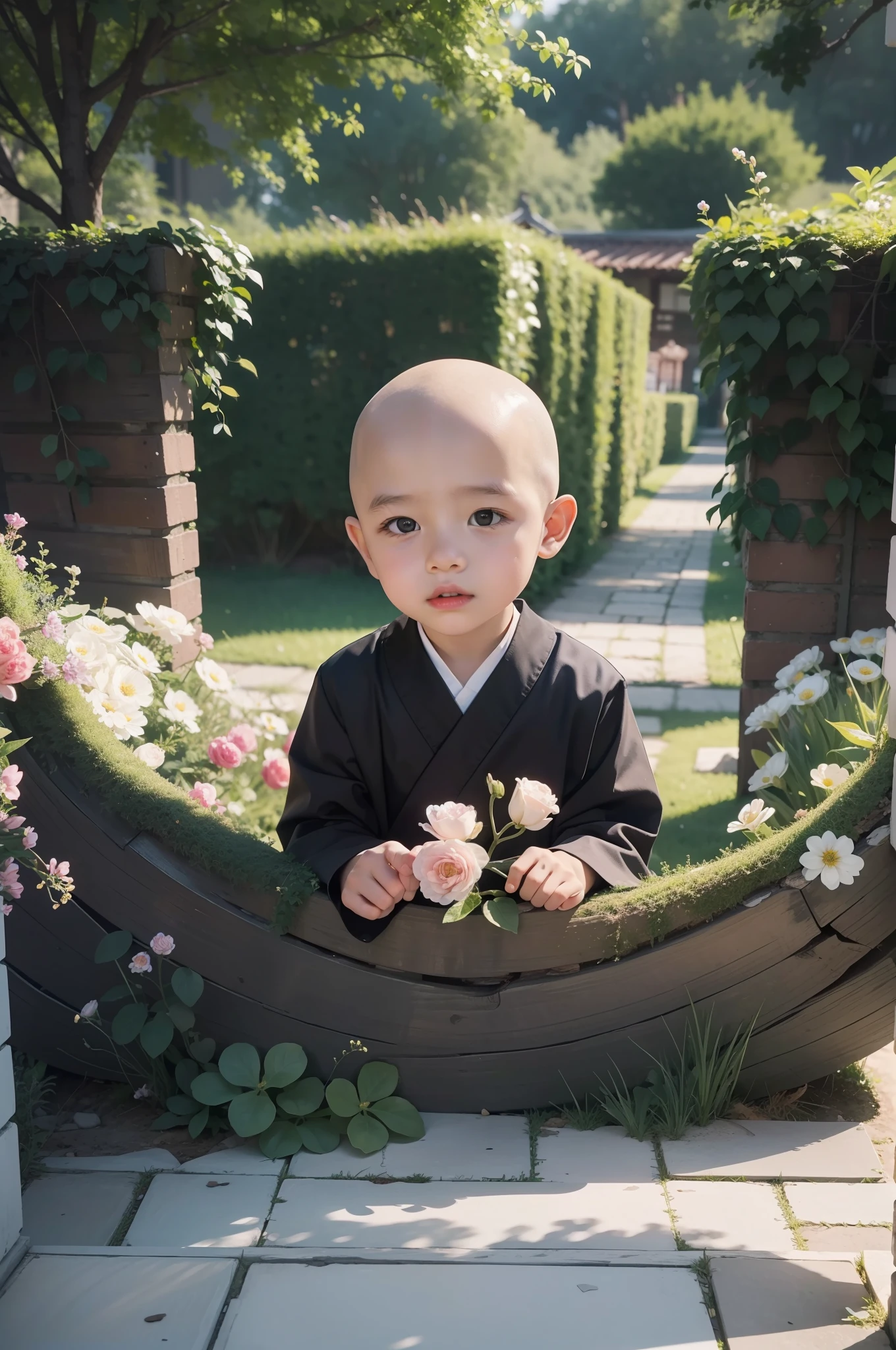 tmasterpiece,Best quality at best,8k wallpaper,A handsome boy,(little monks:1.2),bald-headed,(The is facing the screen:1.25),largeeyes,frontage,Surrounded by beautiful flowers and nature。The illustration is a high-definition illustration in 4K resolution