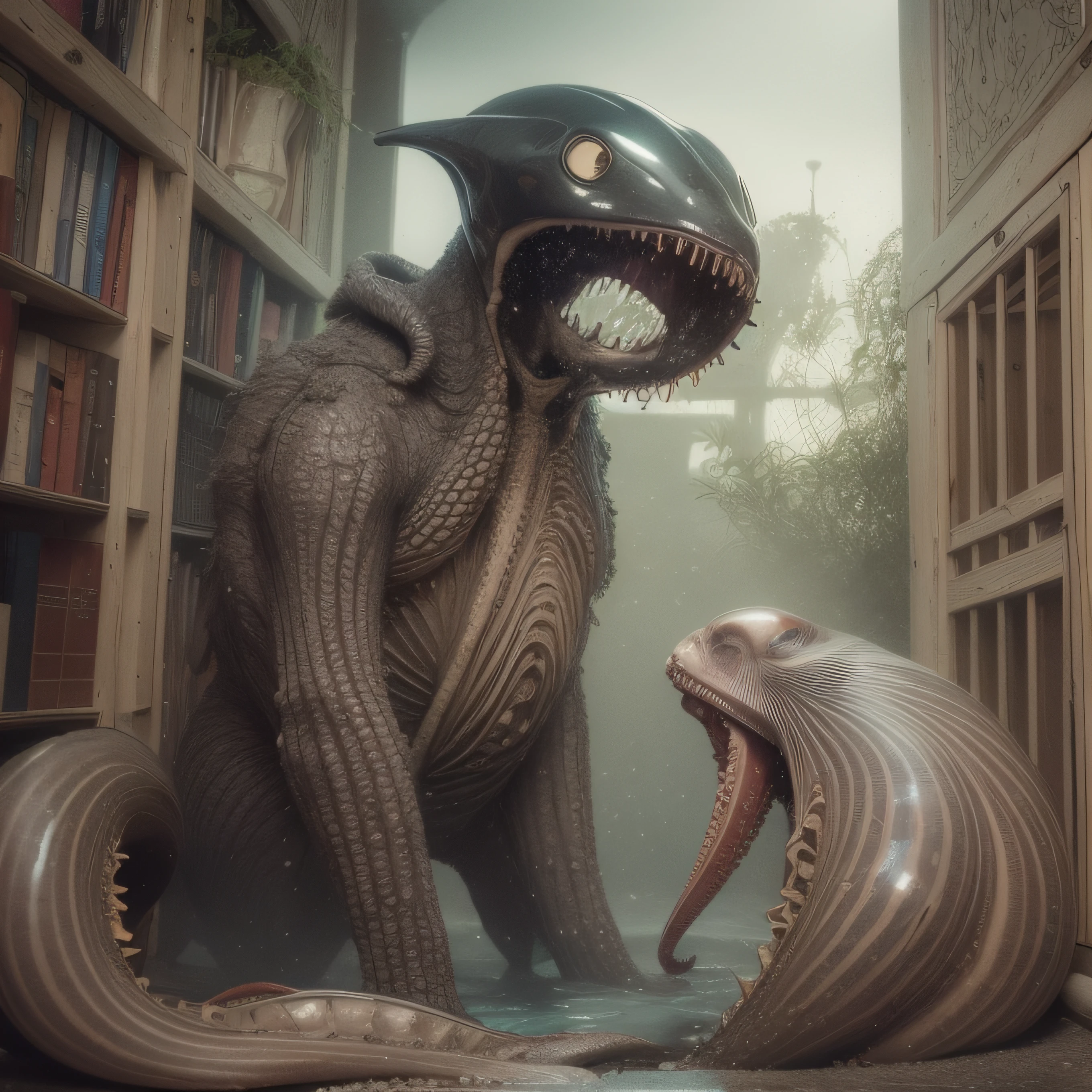 (extremadamente detallado, obra maestra, La mejor calidad), Estilo oscuro, intense illumination, rostro con arrugas, lengua larga, tentacle, deforme, monstruoso, interior de una piscina de agua verdosa, imagen submarina, alien con Colmillos finos, pico de pulpo amenazante. manchas de tinta. Rococo composition. Luz de caravaggio