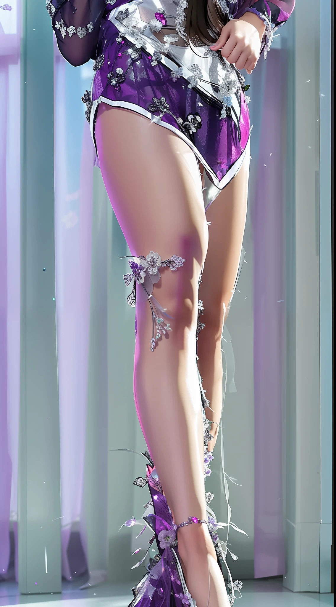 Purple and white cheongsam,Wearing crystal flowers on his head,Enchanting,Black legs,model poses,dyna