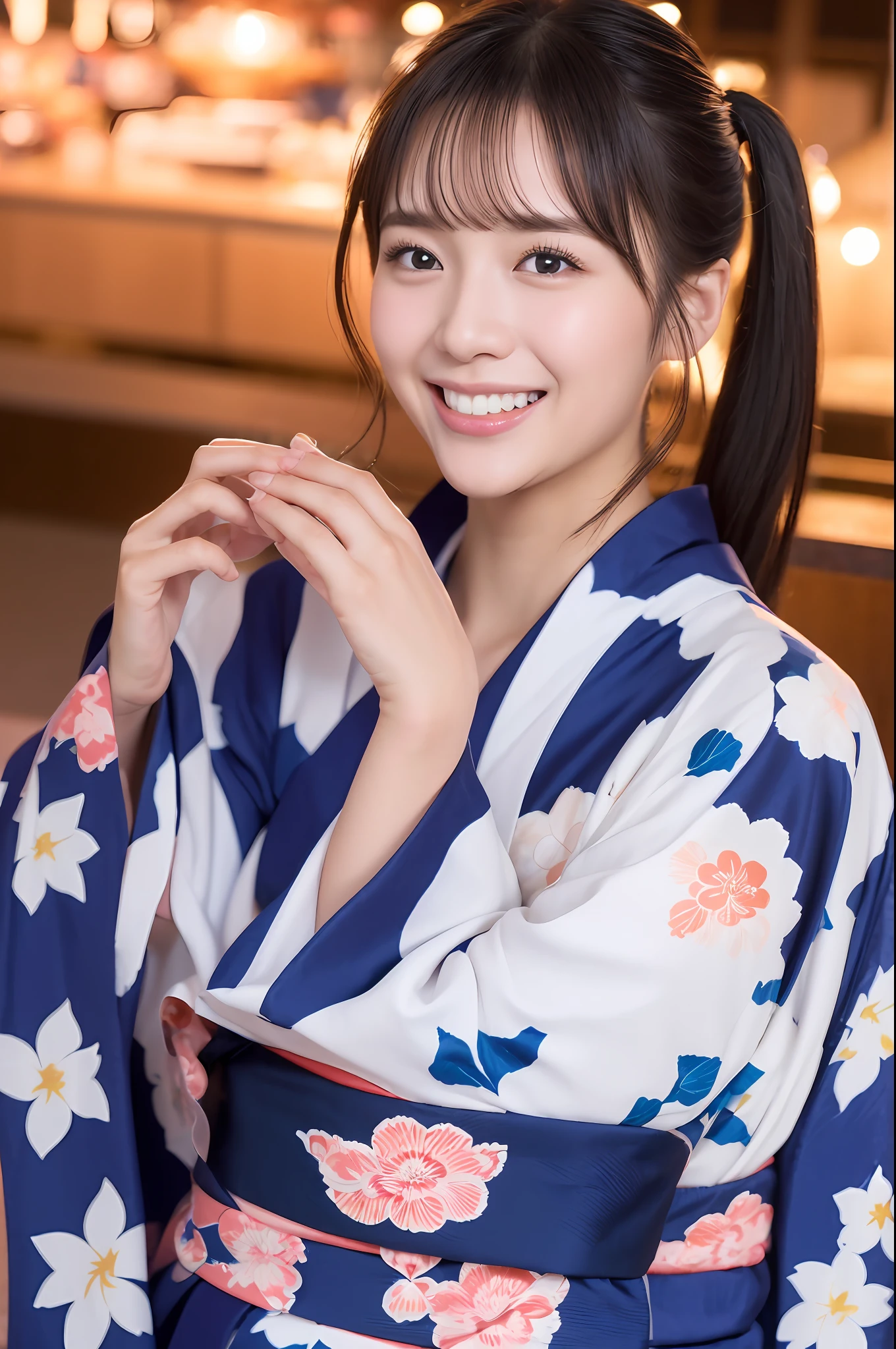 top-quality、finely detail、(((Beautiful One Girl)))、extremely detailed eye and face、a smile、Laughing with white teeth、(((Yukata)))、skyrocket、Looking up at the fireworks、poneyTail、Big tear bag、Double eyelids、profile